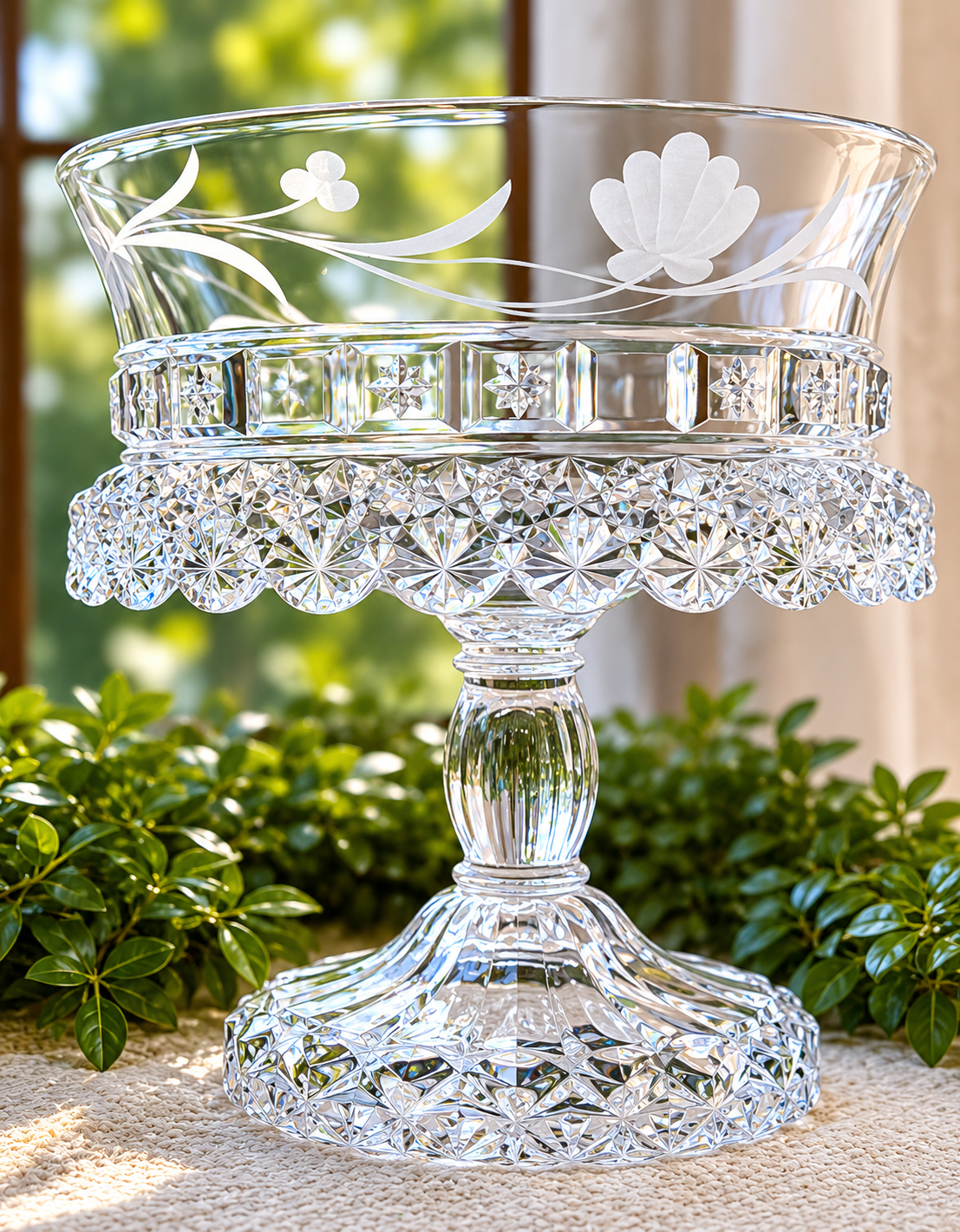 Antique Dalzell, Gilmore & Leighton Etched Glass Compote Bowl | Pedestal Fruit Stand with Floral Motif