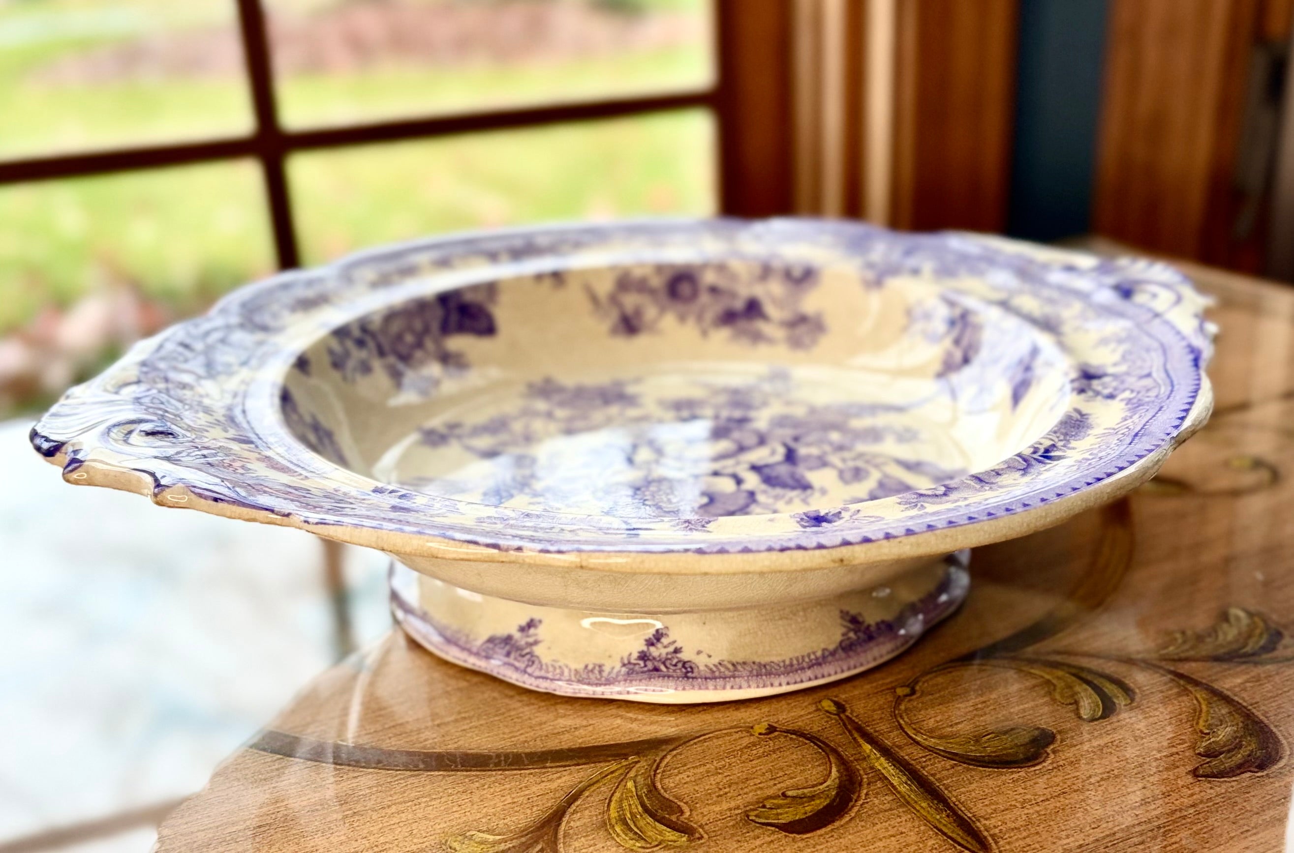 Antique Gustavsberg "Asiatic Pheasants" Purple and White Transferware Serving Dish