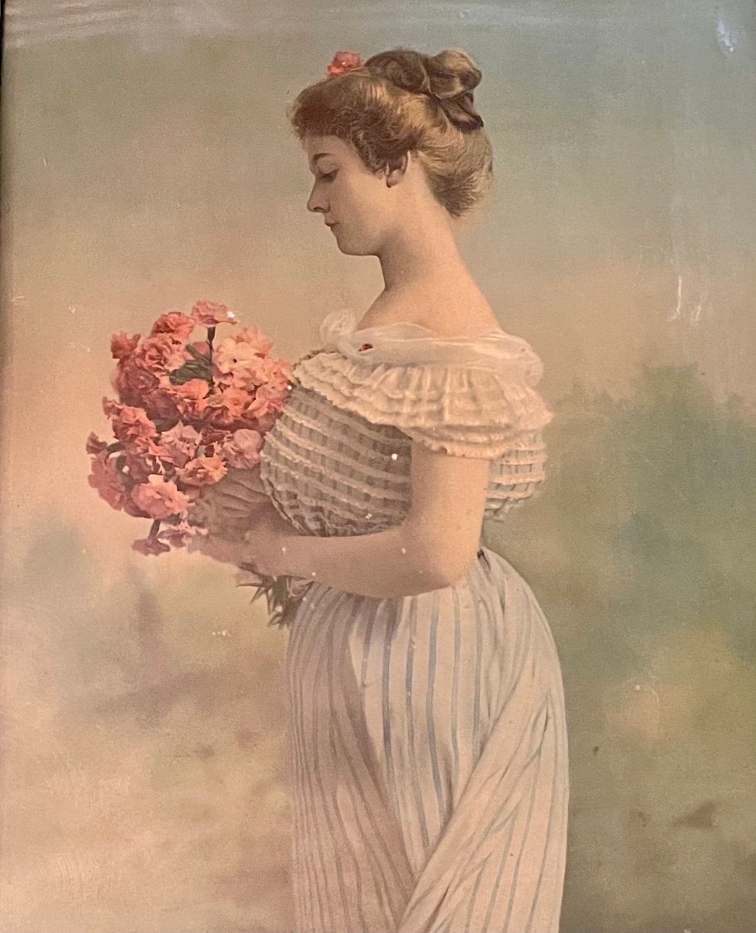 Antique Victorian Portrait Print of a Lady with Flowers in Ornate Gilt Frame