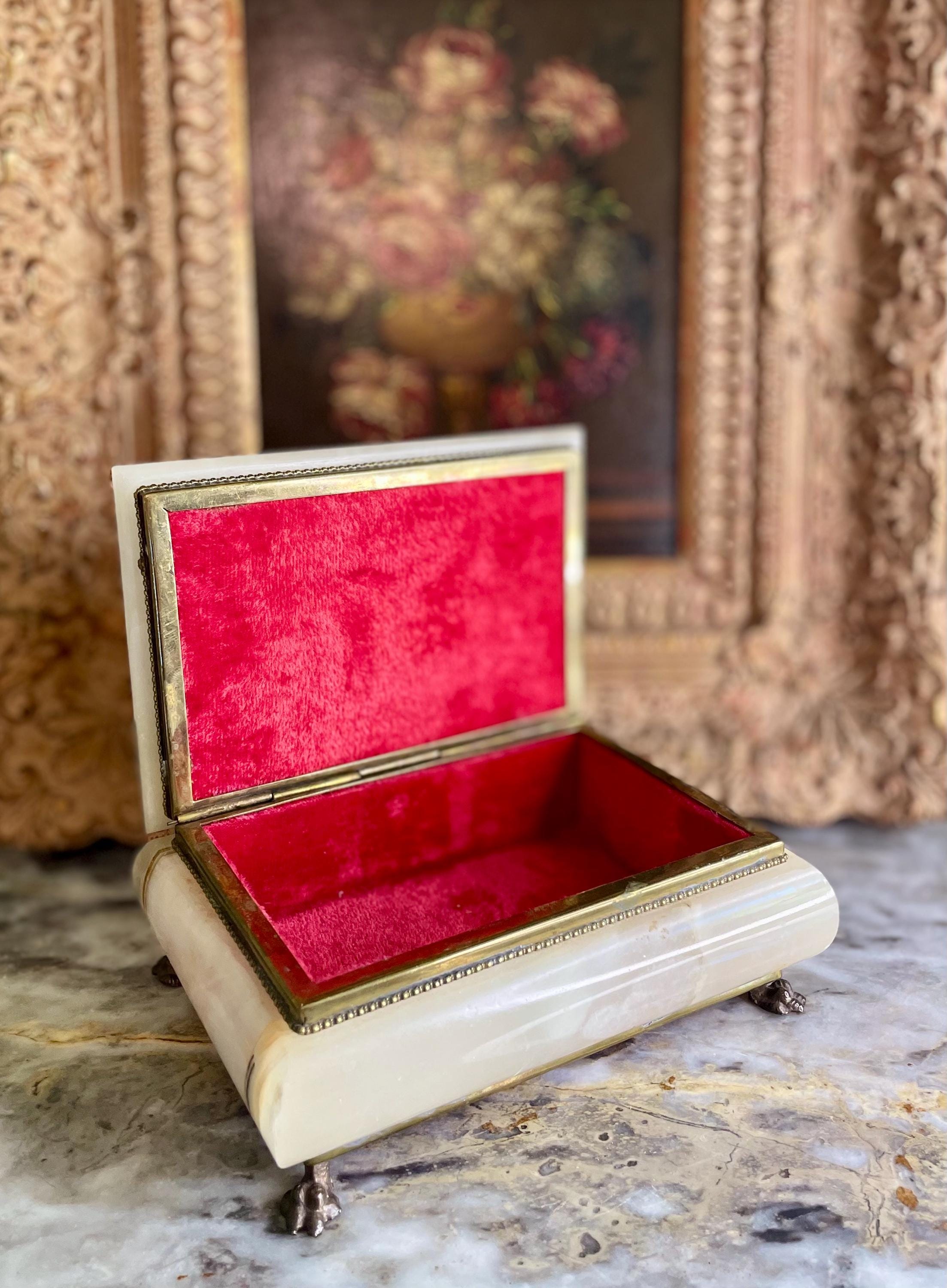 Vintage Onyx Footed Jewelry Casket with Red Velvet Interior