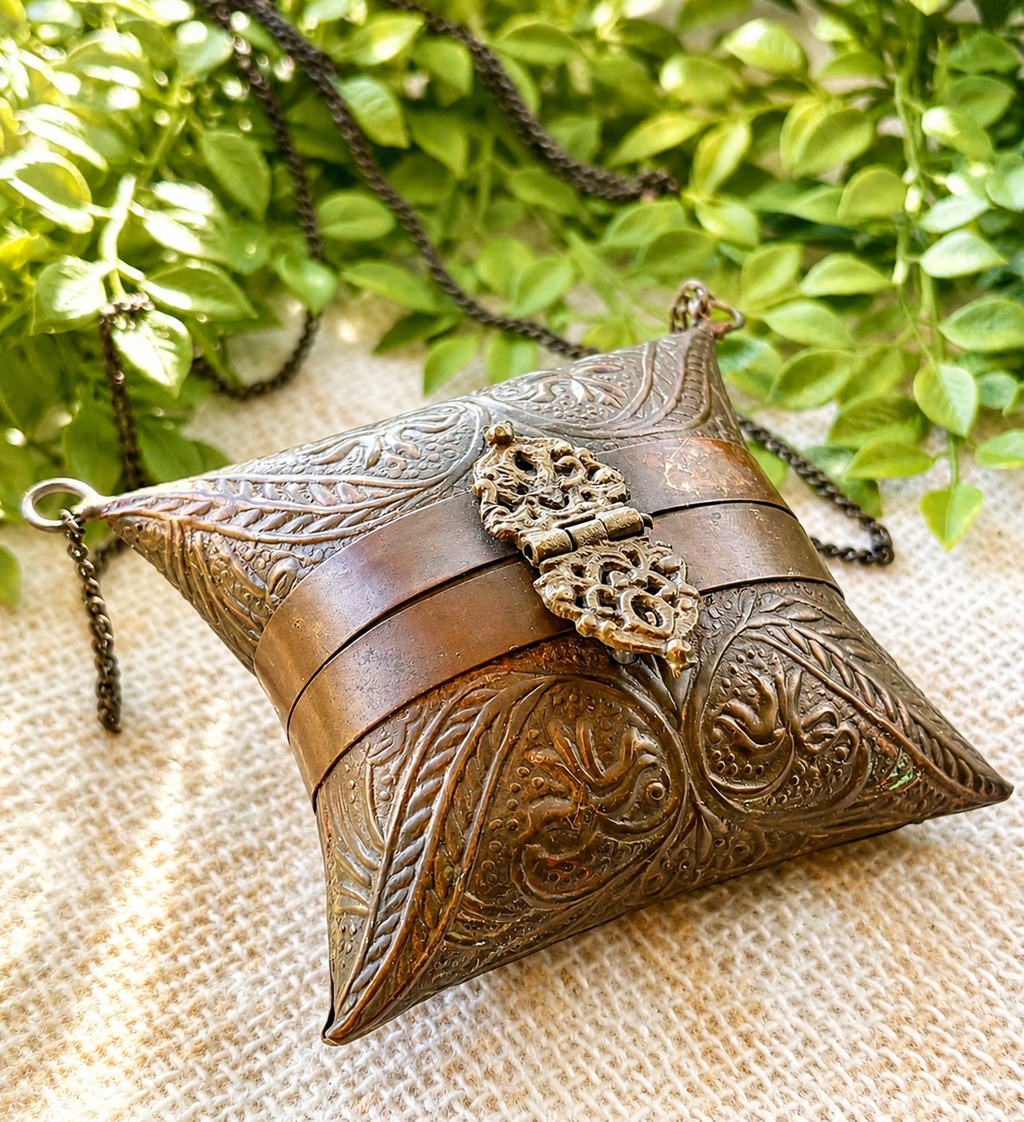 Antique Embossed Brass Pillow Purse with Chain | Victorian Revival Evening Bag