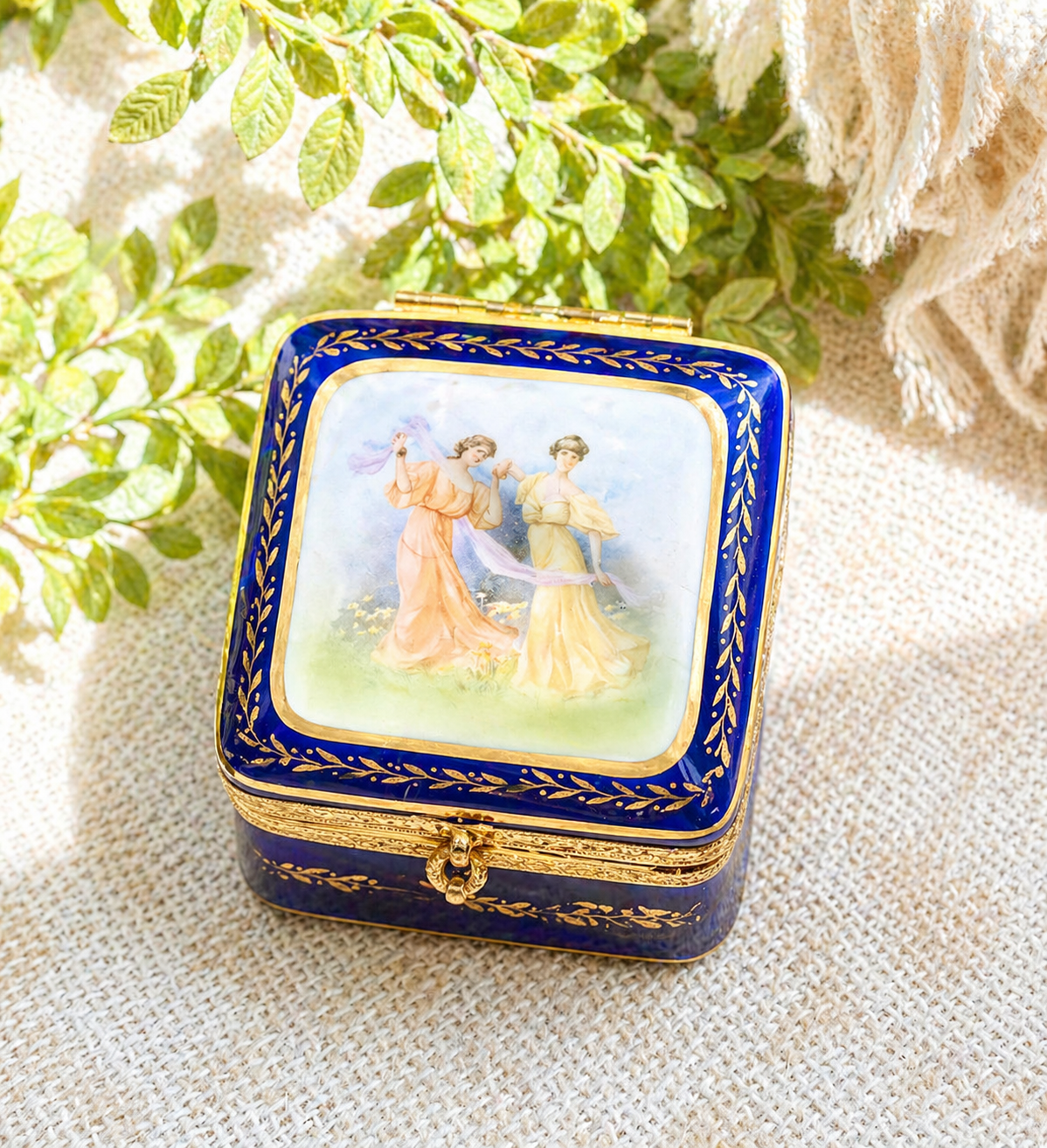 German Hinged Jewelry Box with Romantic Courting Scene