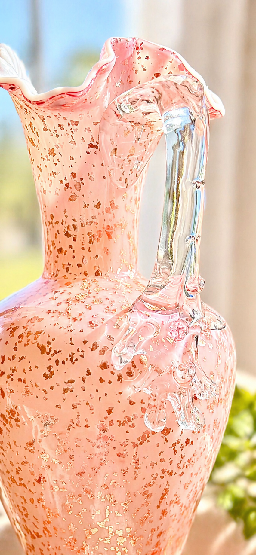 Antique Victorian Pink Art Glass Pitcher with Mica Attributed to Stevens & Williams