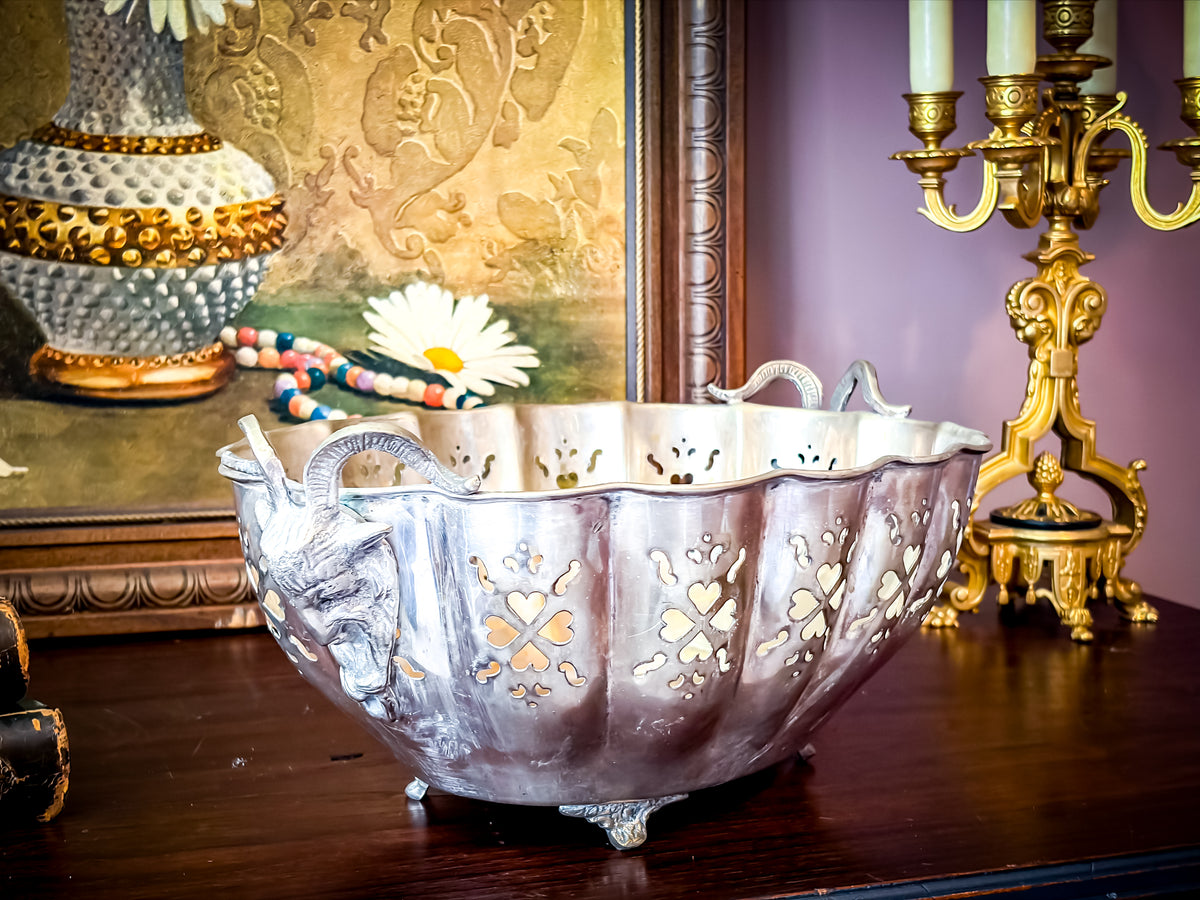 Vintage Silverplate Footed Centerpiece Bowl with Ram Head Handles