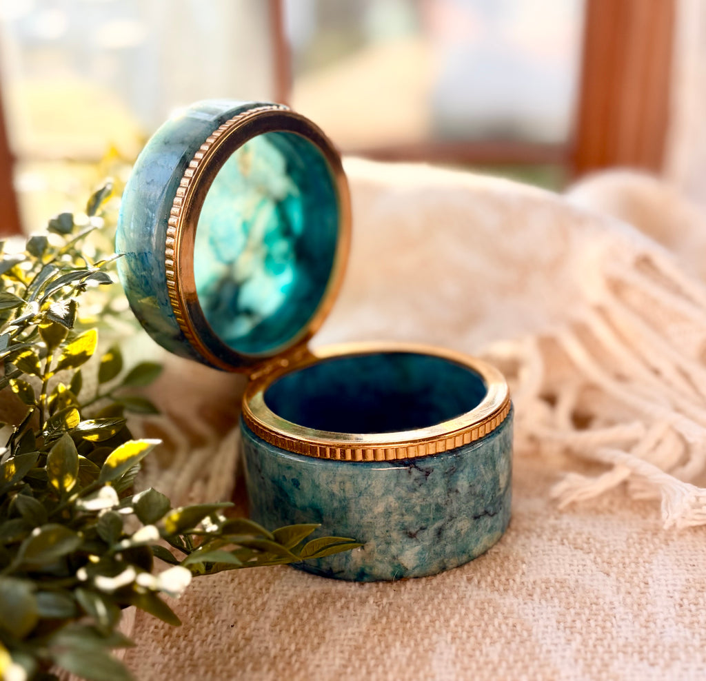 Blue Alabaster Hinged Trinket Box with Gold Trim