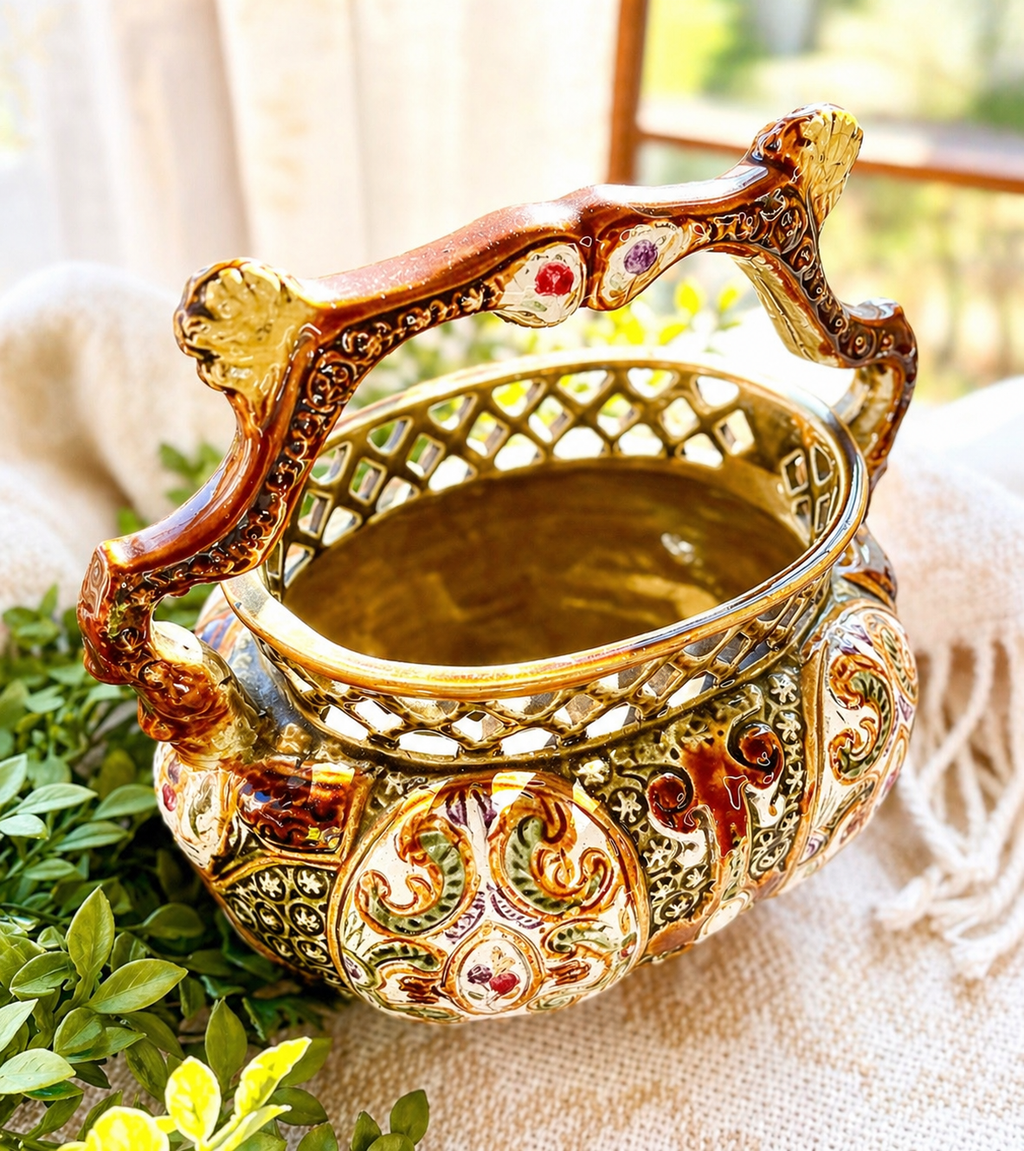 Antique English Alhambrian Majolica Reticulated Basket