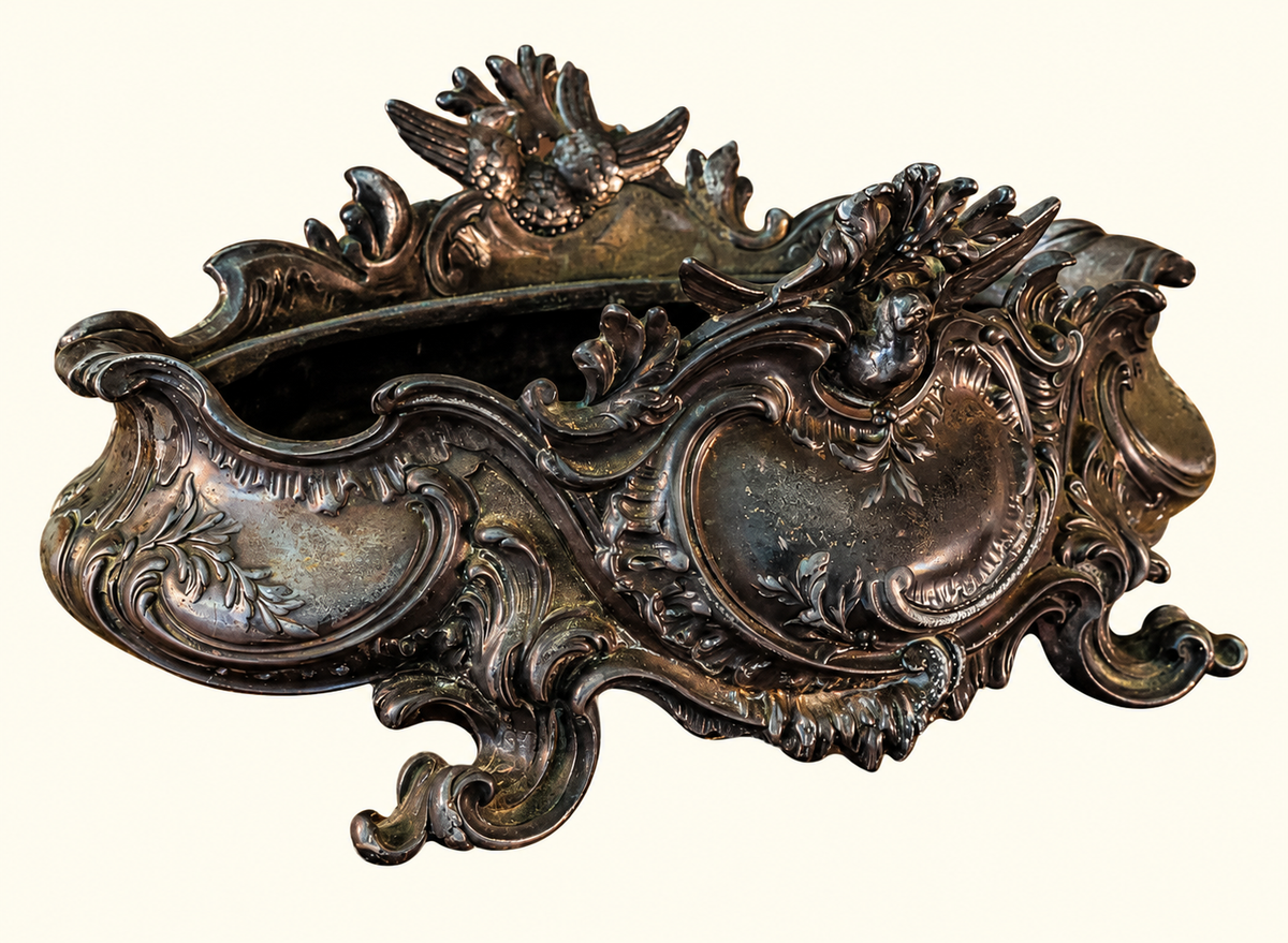 Ornate Rococo Revival Metal Jardinière | Winged Bird & Scrollwork Centerpiece