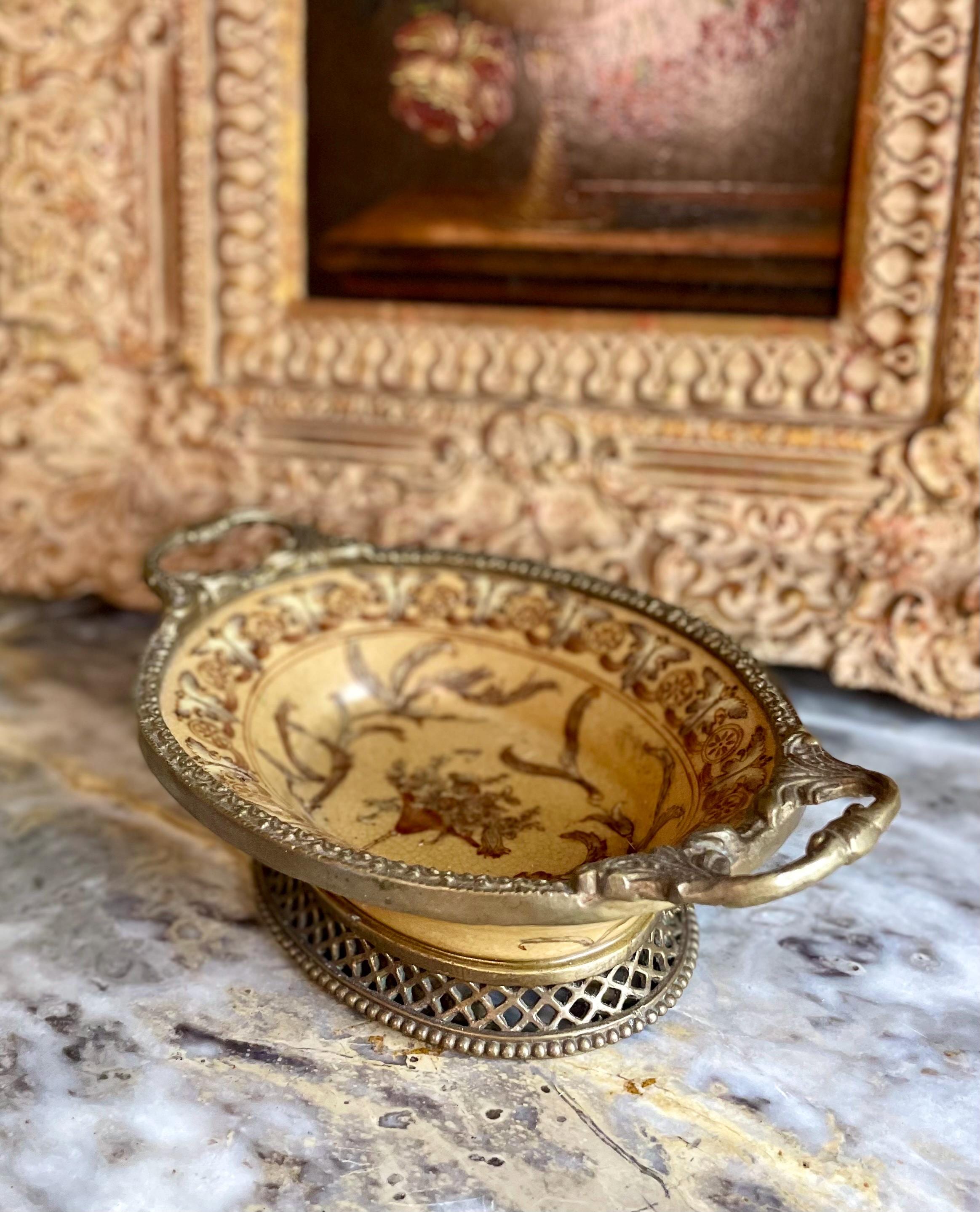 Vintage Porcelain Bowl with Ornamental Bronze Accents