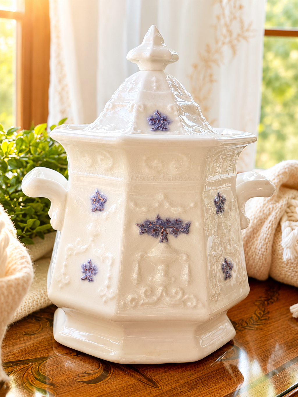 Antique White Biscuit Jar with Floral Relief | Victorian Lidded Canister