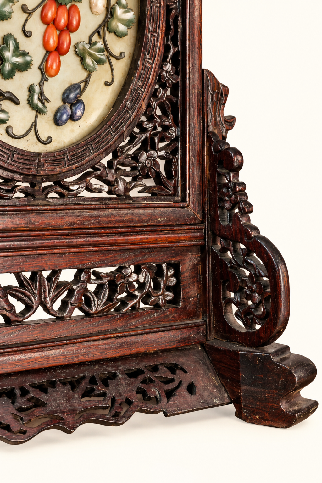 Vintage Chinese Carved Wood Table Screen | Fruit & Squirrel Hardstone-Style Relief