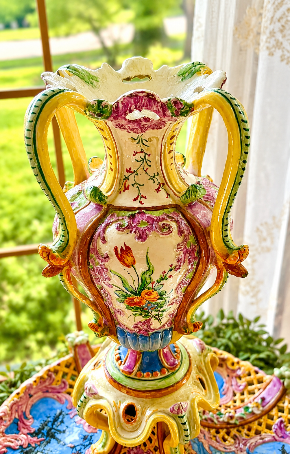 Antique Italian Maiolica Centerpiece Garniture Set by Agostinelli Dal Pra – Nove, Italy c.1880–1900