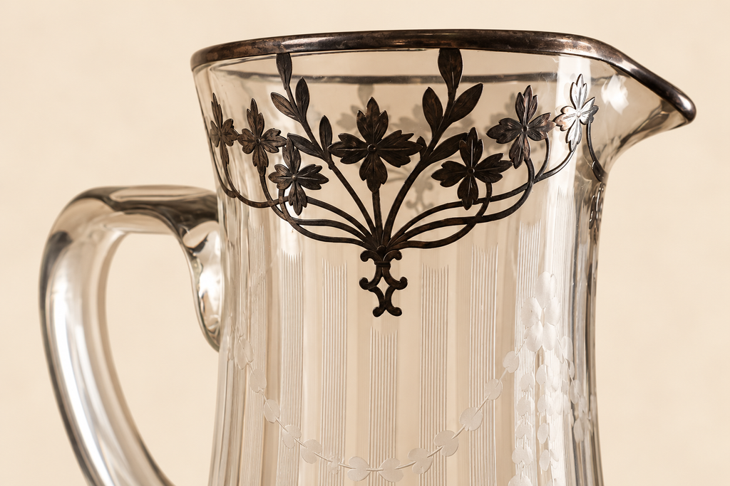 Antique Art Nouveau Etched Glass Pitcher | Silver Overlay & Monogrammed Medallion