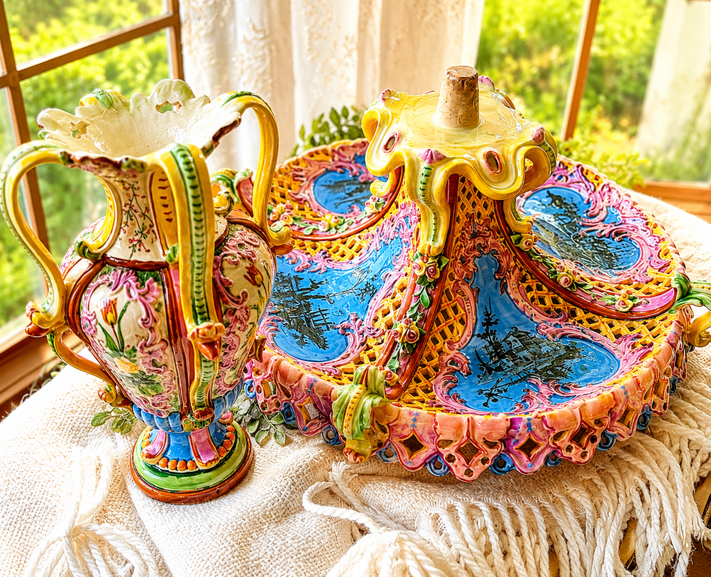 Antique Italian Maiolica Centerpiece Garniture Set by Agostinelli Dal Pra – Nove, Italy c.1880–1900