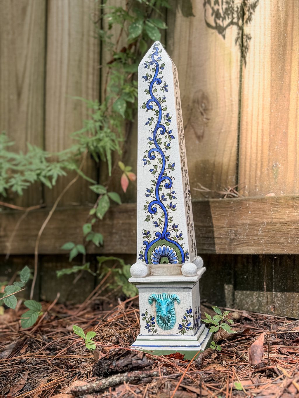Vintage Italian Ceramic Obelisk – Hand-Painted Ram’s Head & Floral Motif