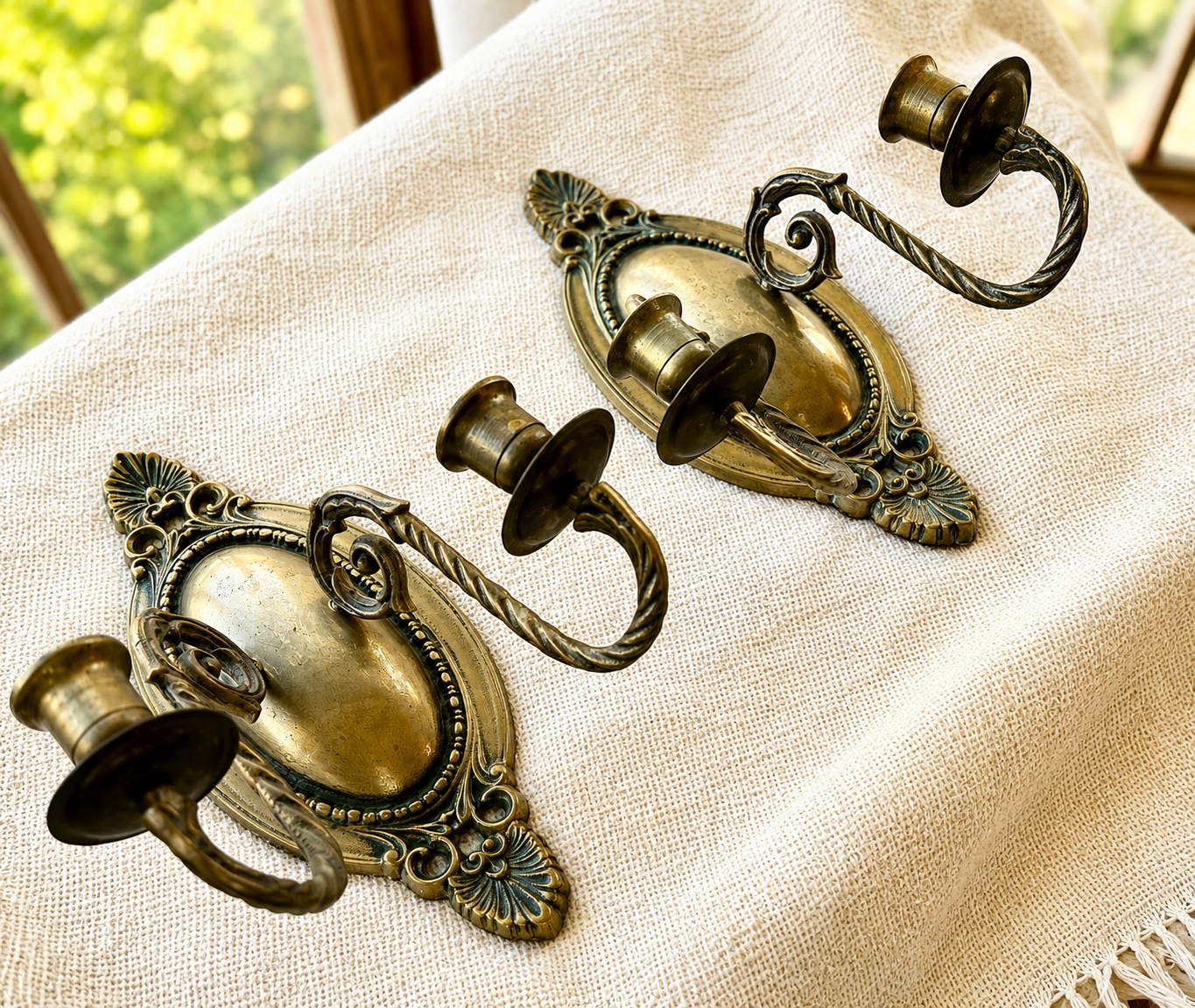 Pair of Antique Brass Wall Sconces | Ornate Victorian Double Arm Candle Holders
