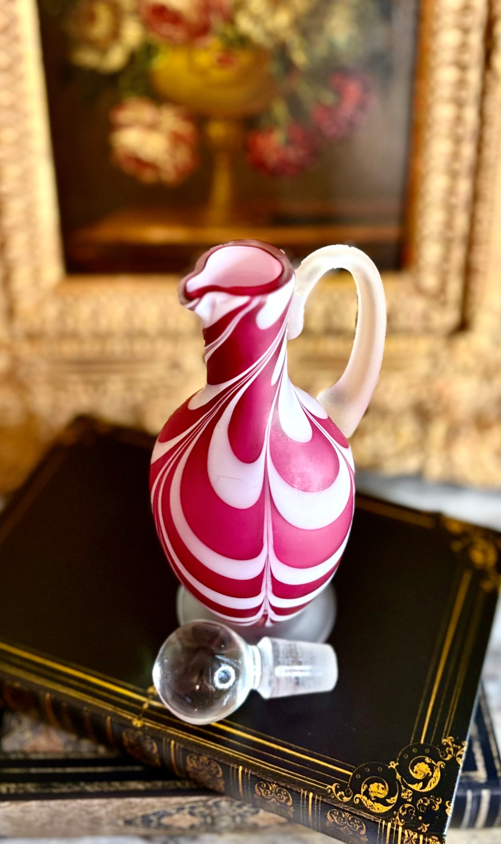 Antique Nailsea Cranberry & White Swirl Glass Cruet