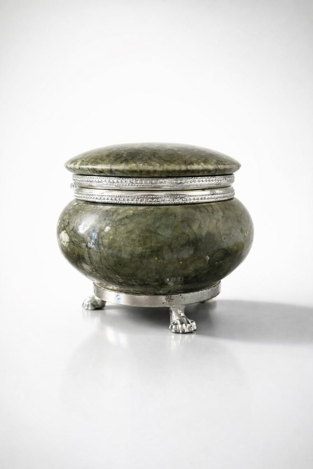 Vintage Italian Green Stone & Silver-Tone Footed Trinket Box