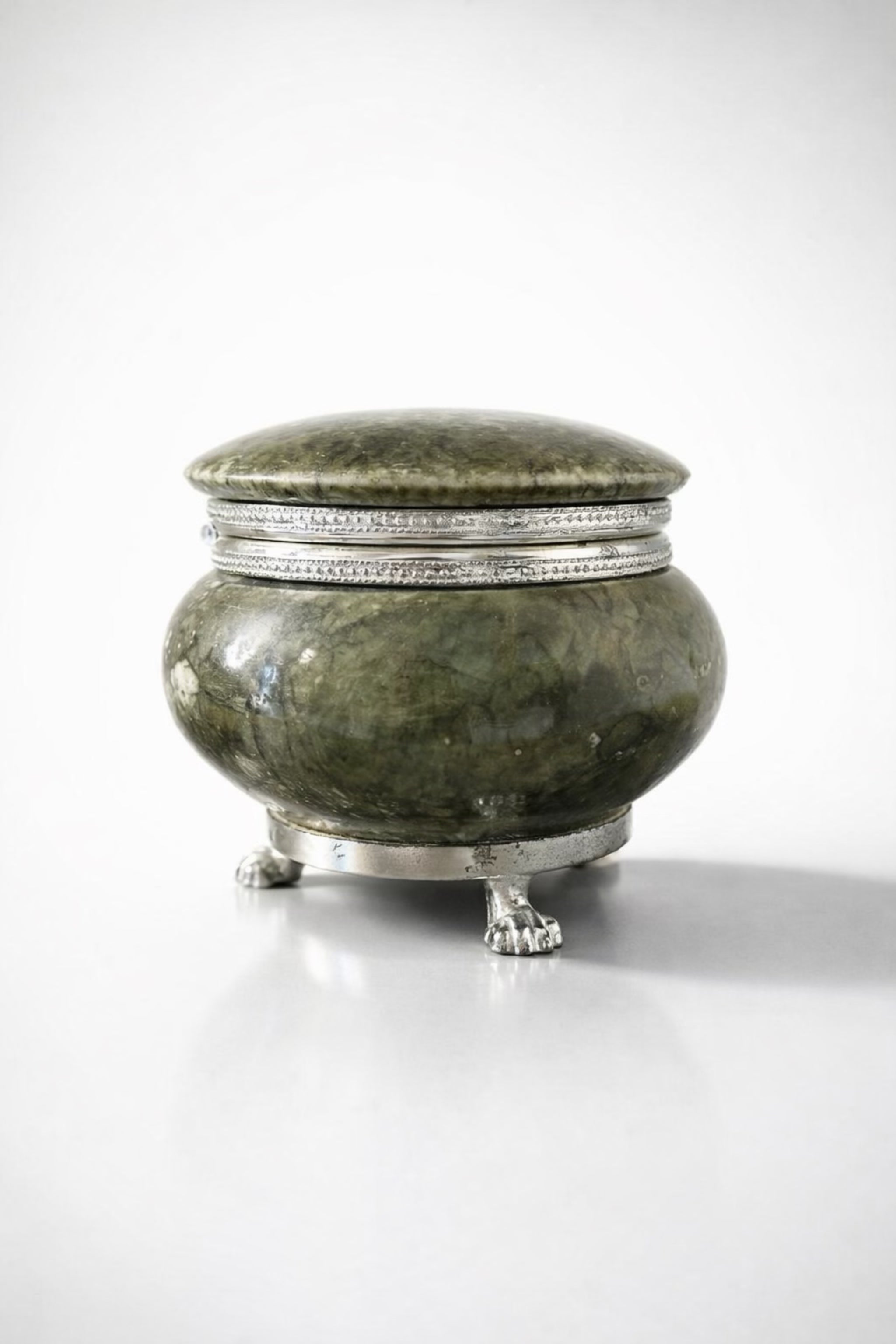 Vintage Italian Green Stone & Silver-Tone Footed Trinket Box