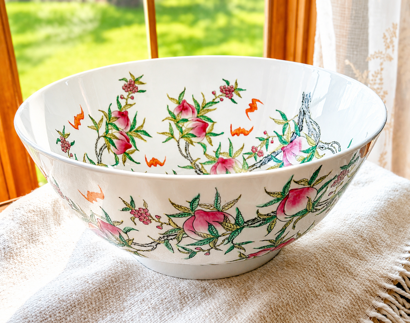 Vintage Chinoiserie Peach Porcelain Serving Bowl | Hong Kong Decorative Fruit Bowl