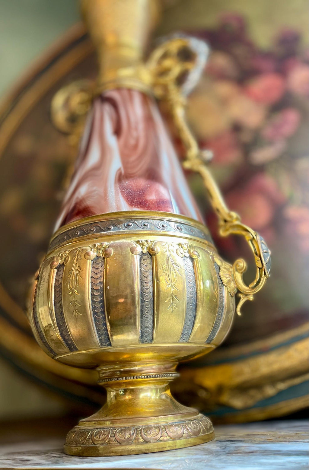 Antique Loetz Czech Republic with Marbled Glass and Ornate Metalwork