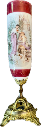 Antique Hand-Painted Porcelain Urn on Ornate Gilt Metal Base