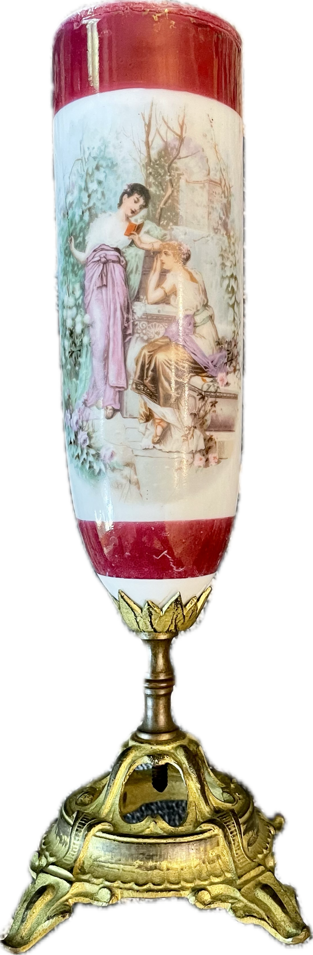 Antique Hand-Painted Porcelain Urn on Ornate Gilt Metal Base