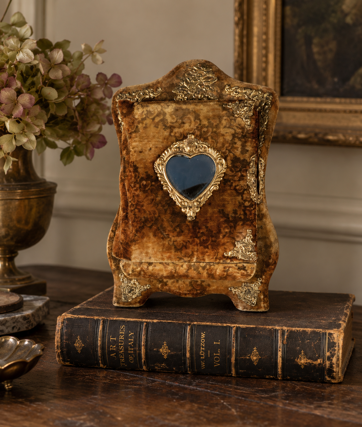 Antique Victorian Velvet Photo Album with Heart Mirror & Ornate Metalwork