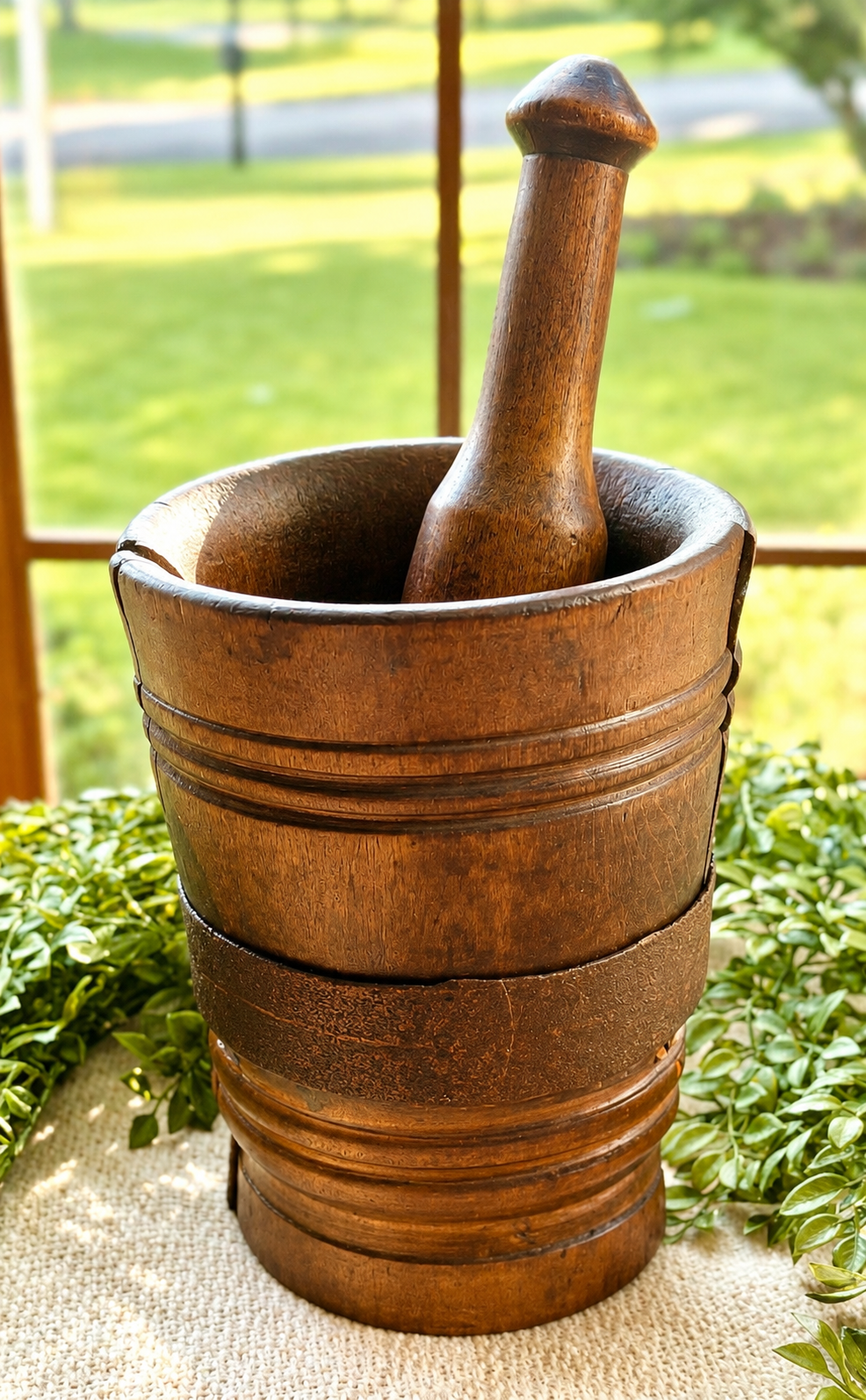 Antique Wooden Mortar & Pestle with Hand-Forged Iron Band | Primitive Apothecary Décor