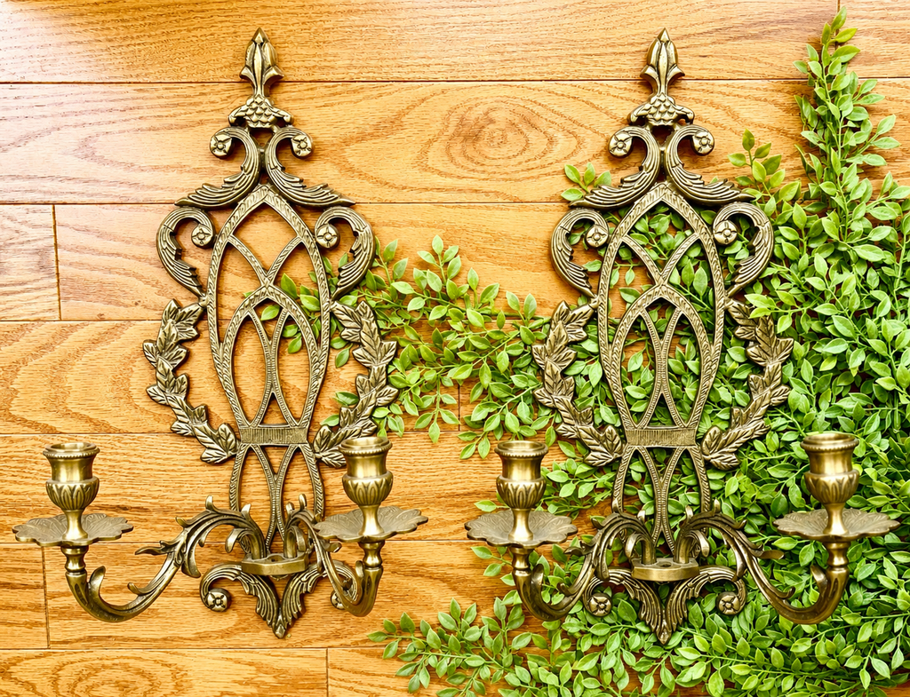 Vintage Pair Gothic Revival Brass Wall Sconces