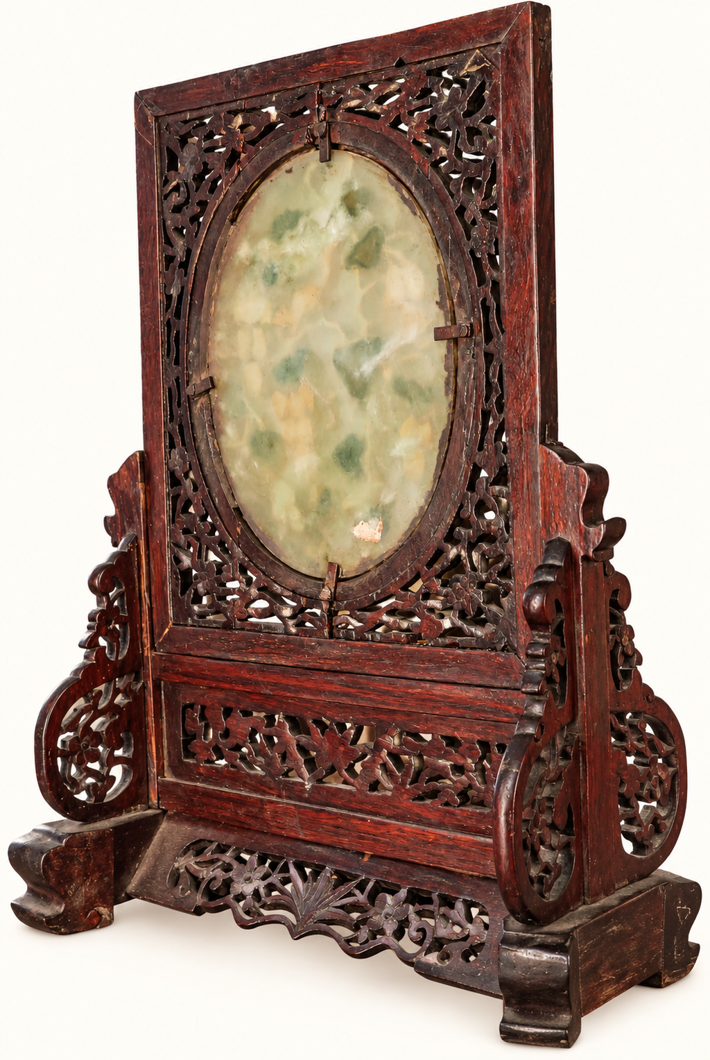 Vintage Chinese Carved Wood Table Screen | Fruit & Squirrel Hardstone-Style Relief