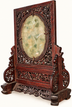 Vintage Chinese Carved Wood Table Screen | Fruit & Squirrel Hardstone-Style Relief