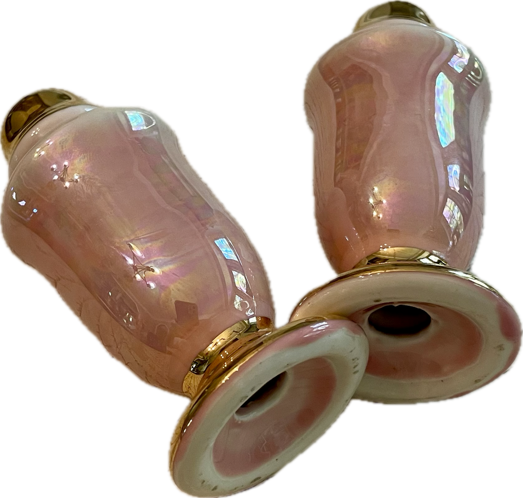Vintage Pink Lusterware Salt and Pepper Shakers with Gold Trim