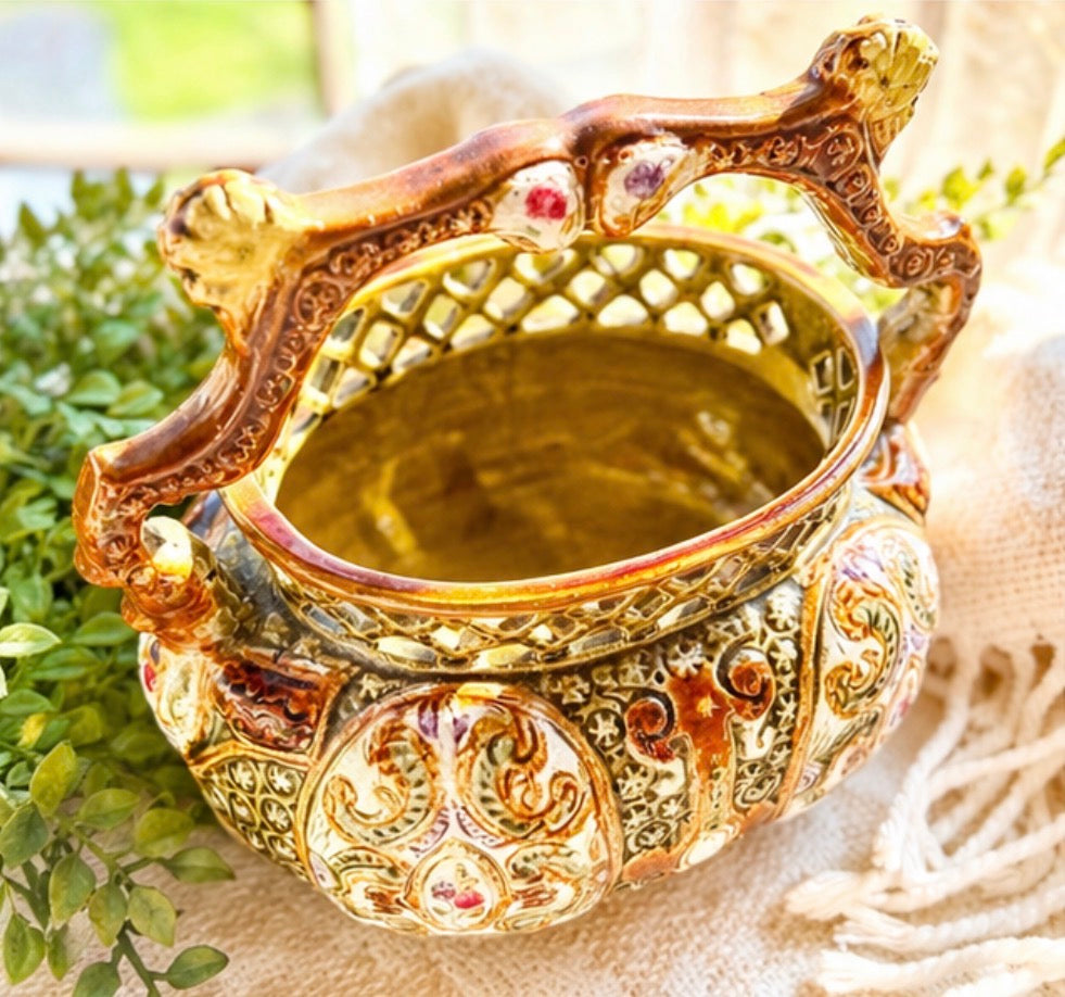 Antique English Alhambrian Majolica Reticulated Basket