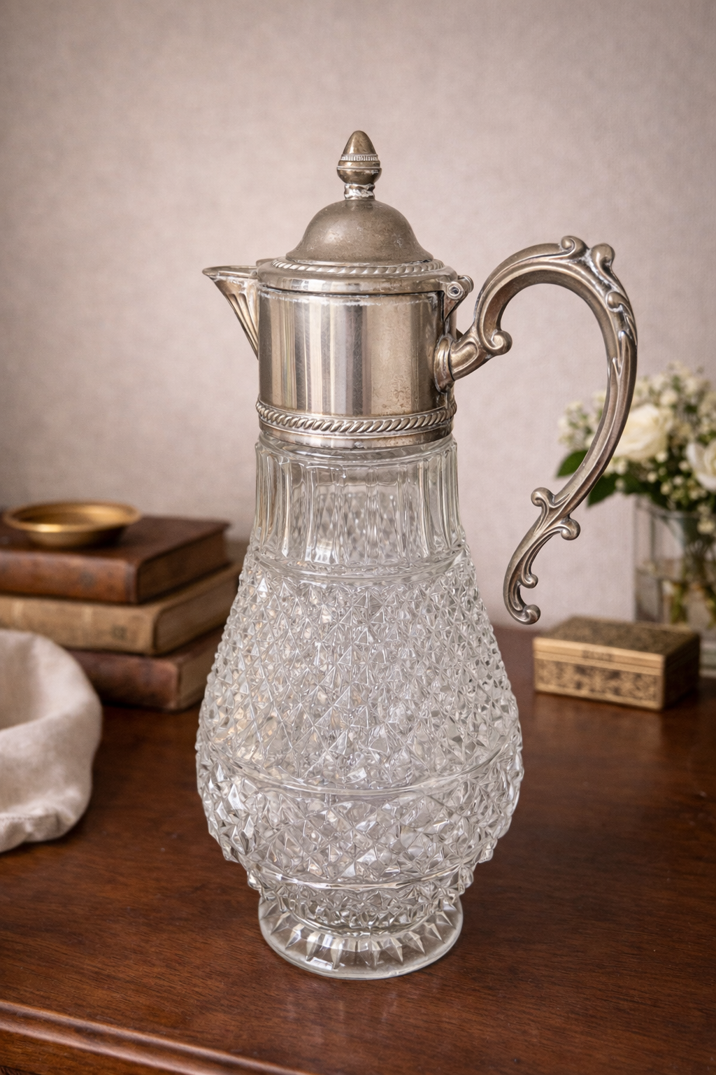 Antique Cut Glass Claret Pitcher with Silverplate Mount & Lid