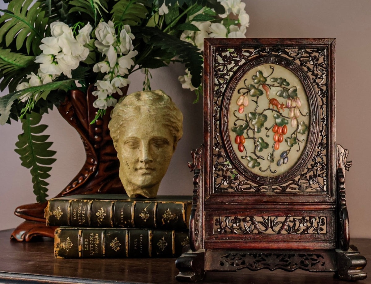 Vintage Chinese Carved Wood Table Screen | Fruit & Squirrel Hardstone-Style Relief