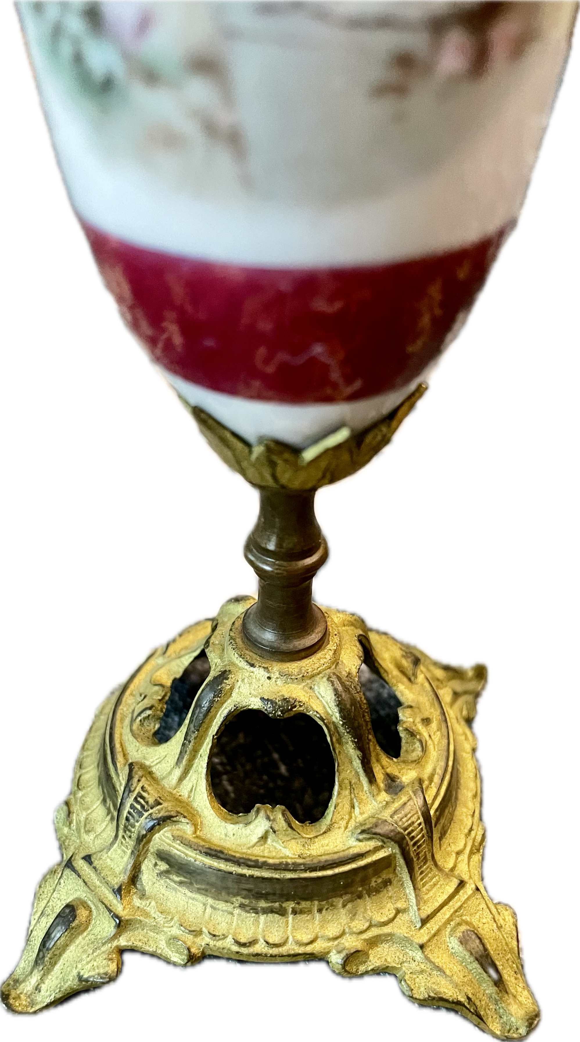 Antique Hand-Painted Porcelain Urn on Ornate Gilt Metal Base