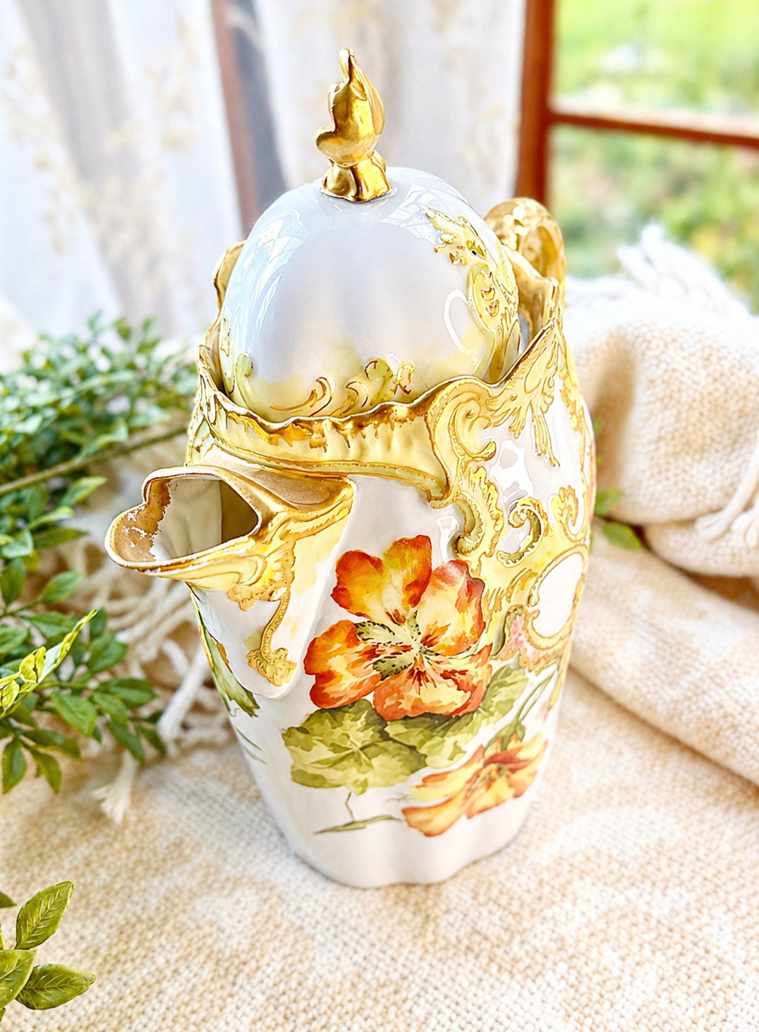 Vintage Leonard Vienna Austria Porcelain Chocolate Pot with Hand-Painted Florals