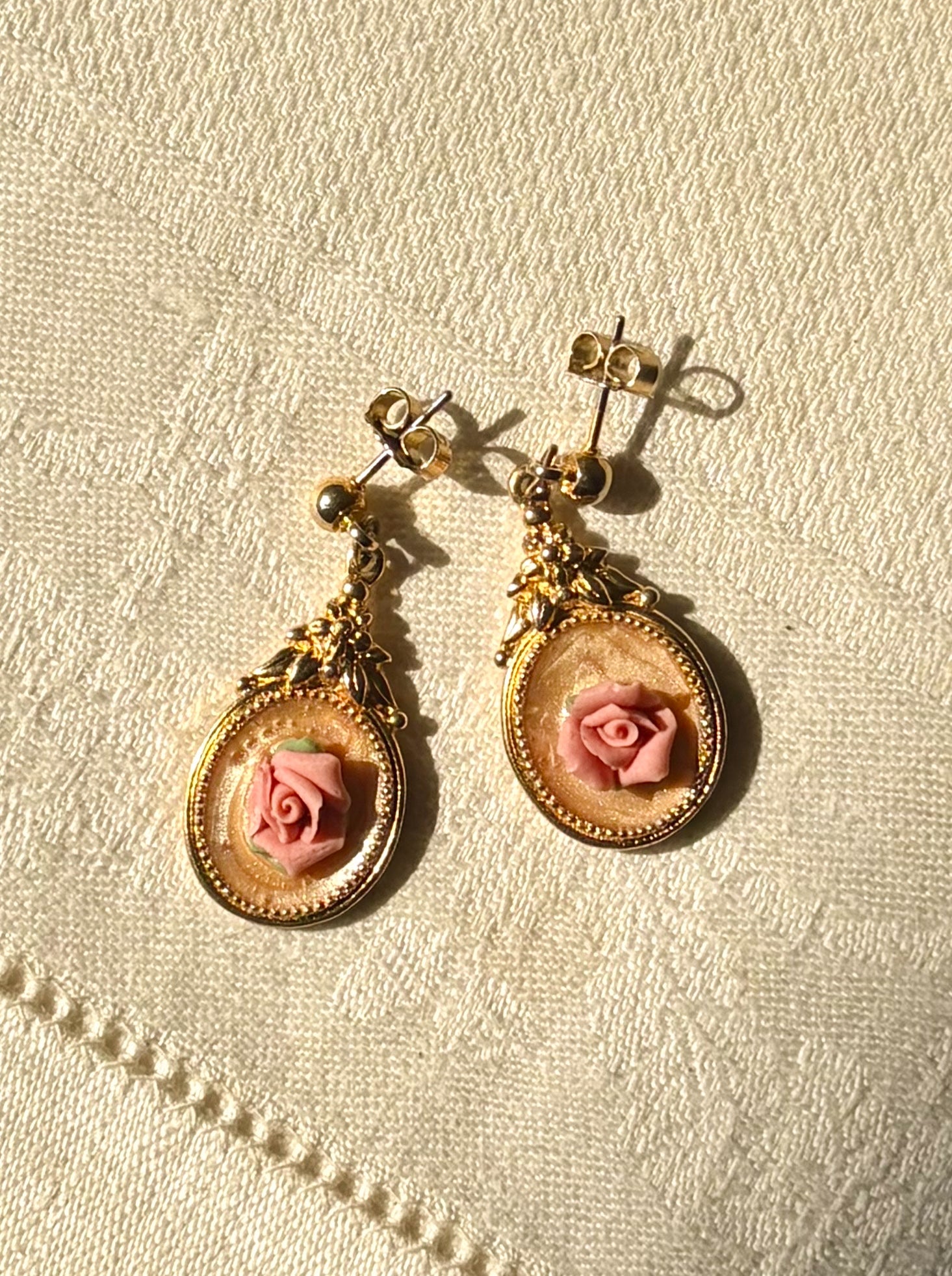Vintage Pink Rose Cameo Drop Earrings