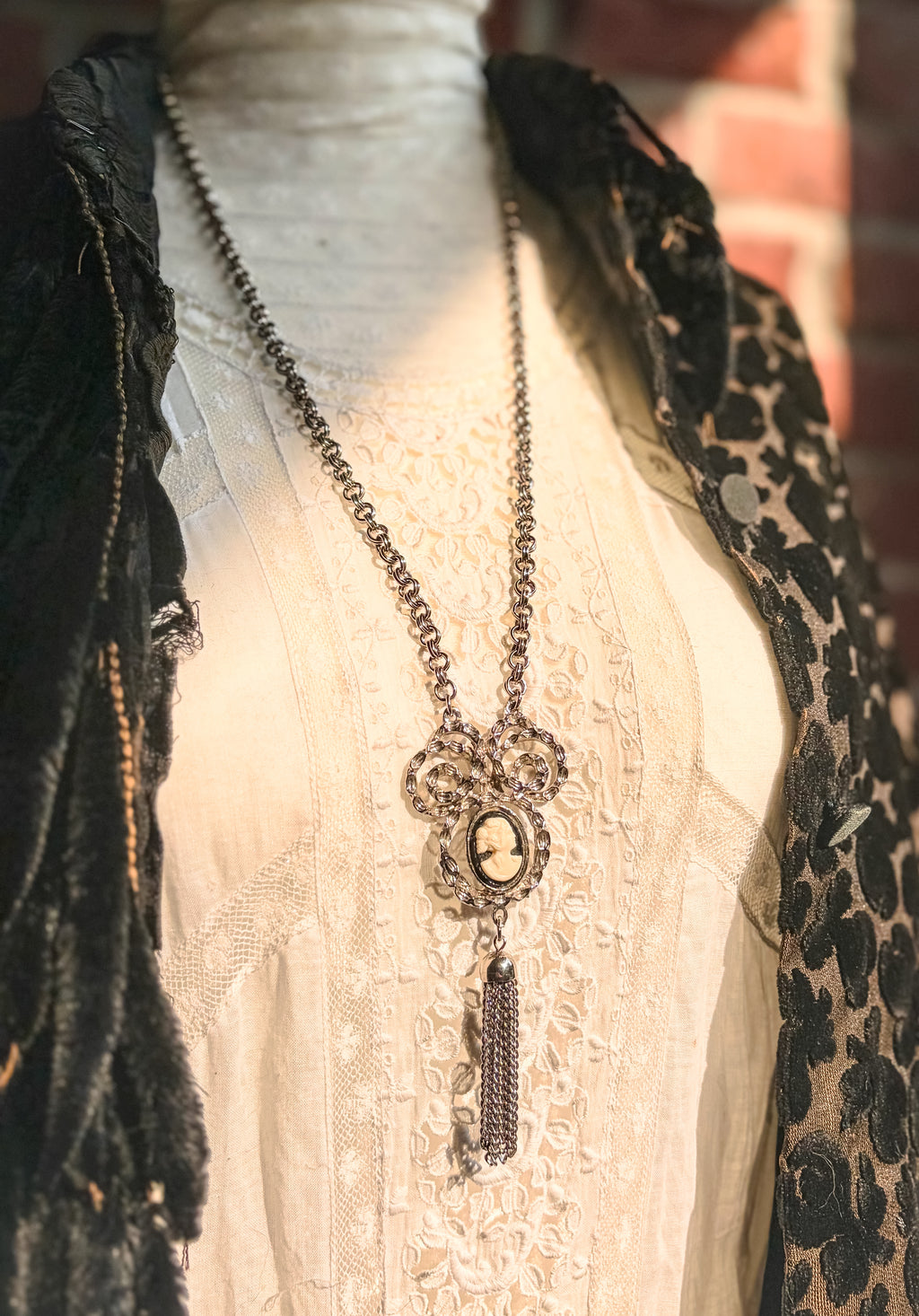 Vintage Silver-Tone Cameo Tassel Necklace