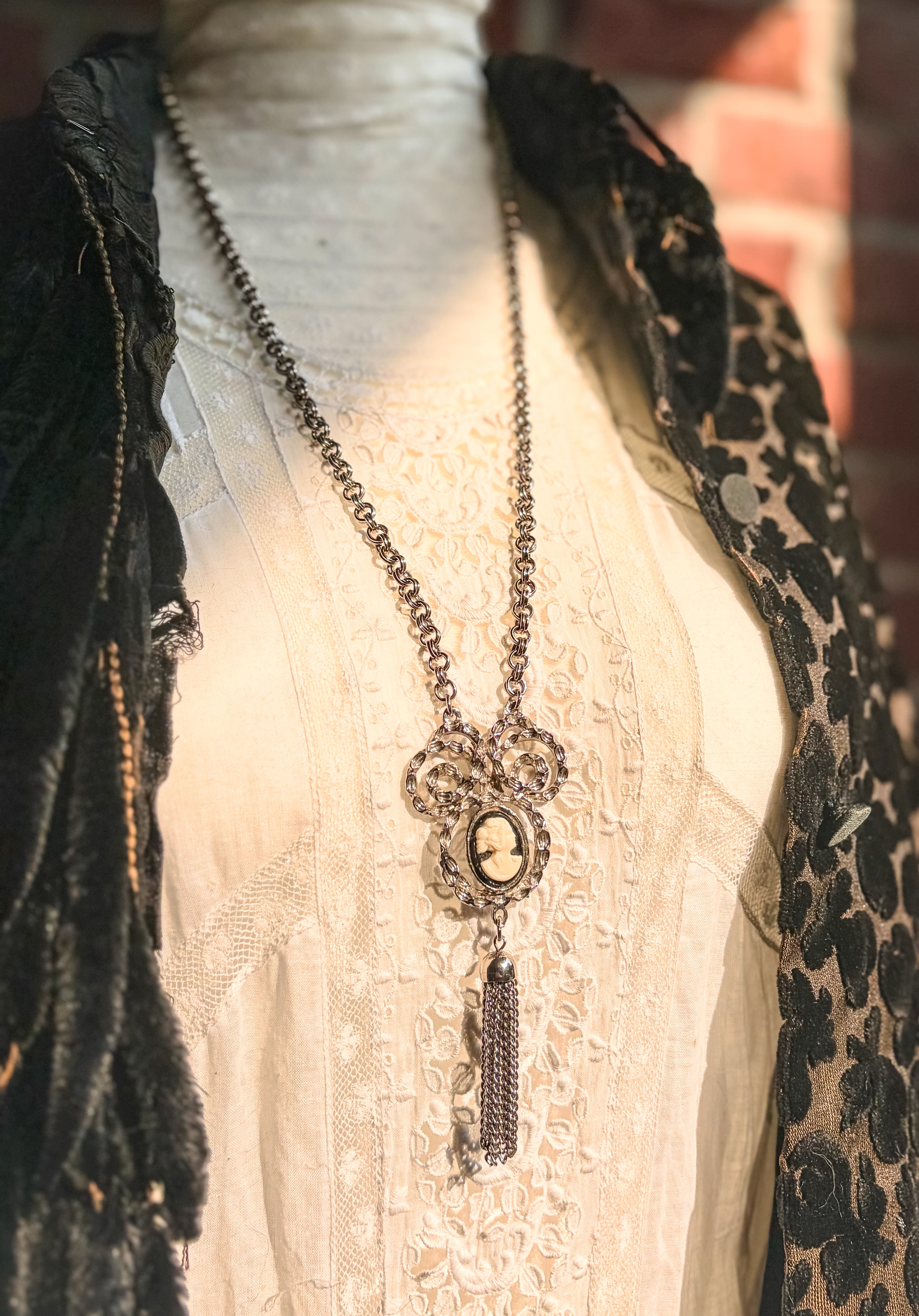 Vintage Silver-Tone Cameo Tassel Necklace