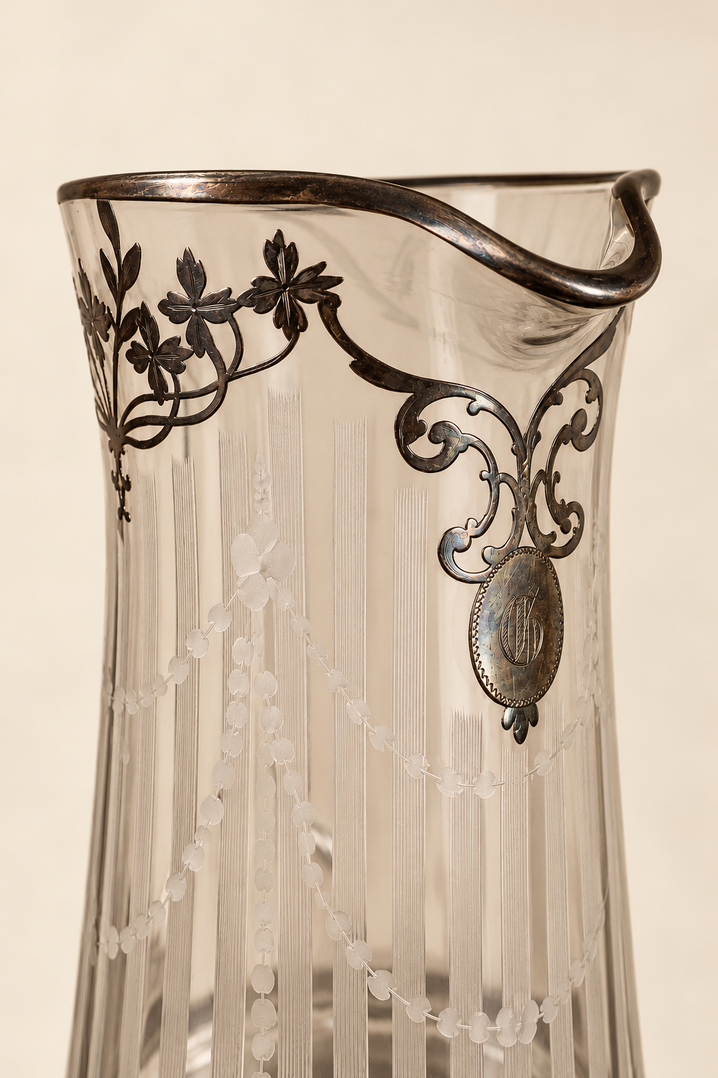Antique Art Nouveau Etched Glass Pitcher | Silver Overlay & Monogrammed Medallion