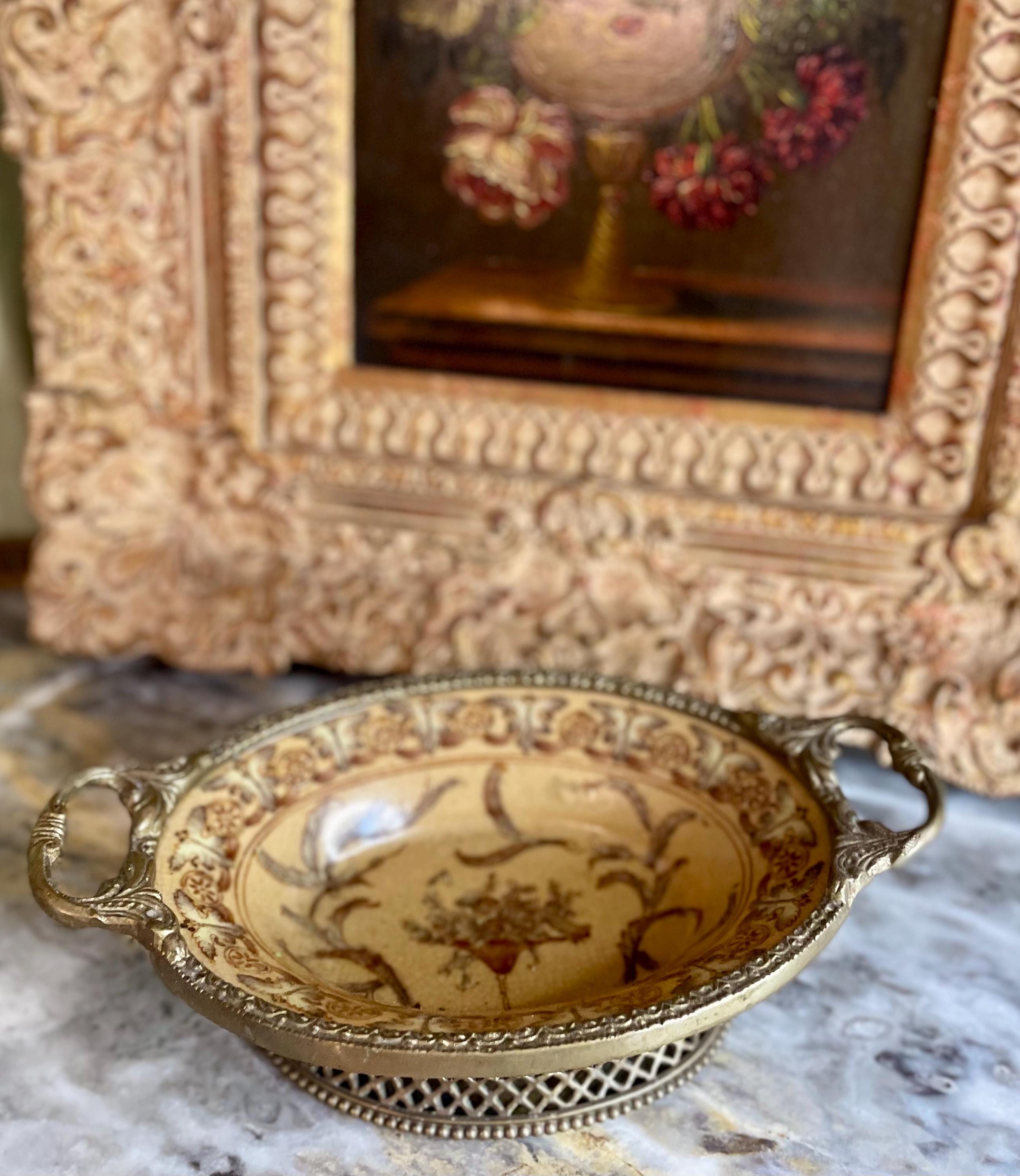 Vintage Porcelain Bowl with Ornamental Bronze Accents