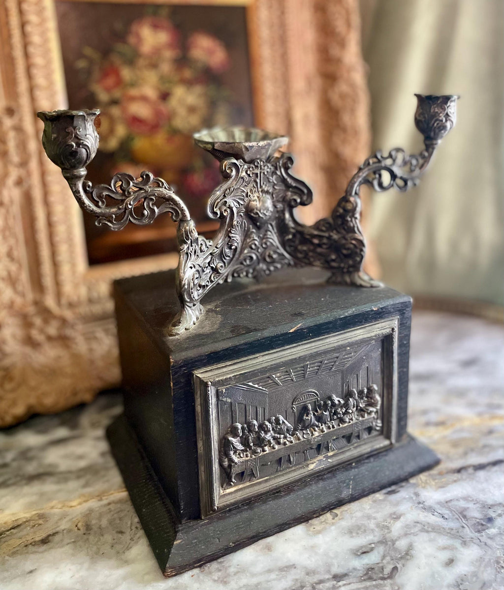 Antique Holy Water Last Supper Altar Oak Box