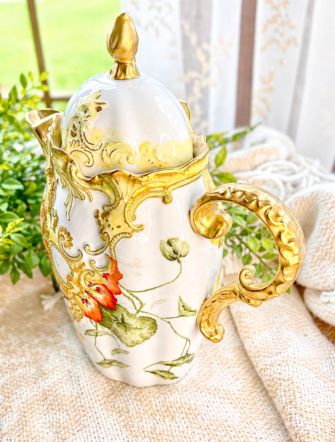 Vintage Leonard Vienna Austria Porcelain Chocolate Pot with Hand-Painted Florals