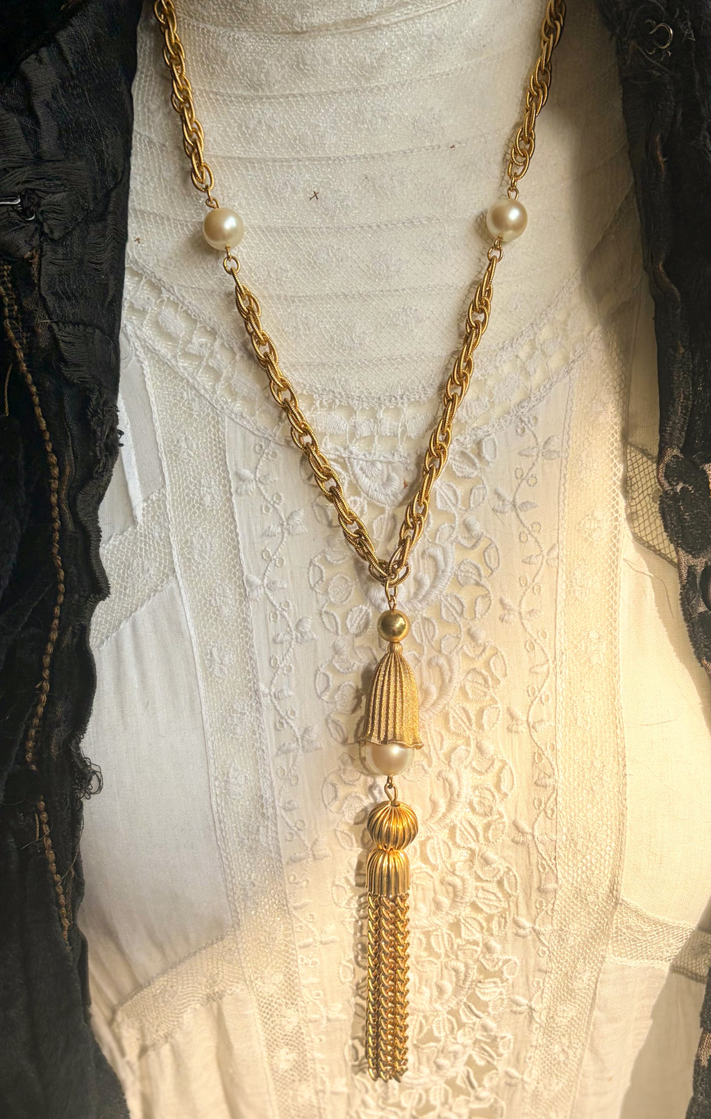 Vintage Gold-Tone Tassel Necklace with Faux Pearl Accents