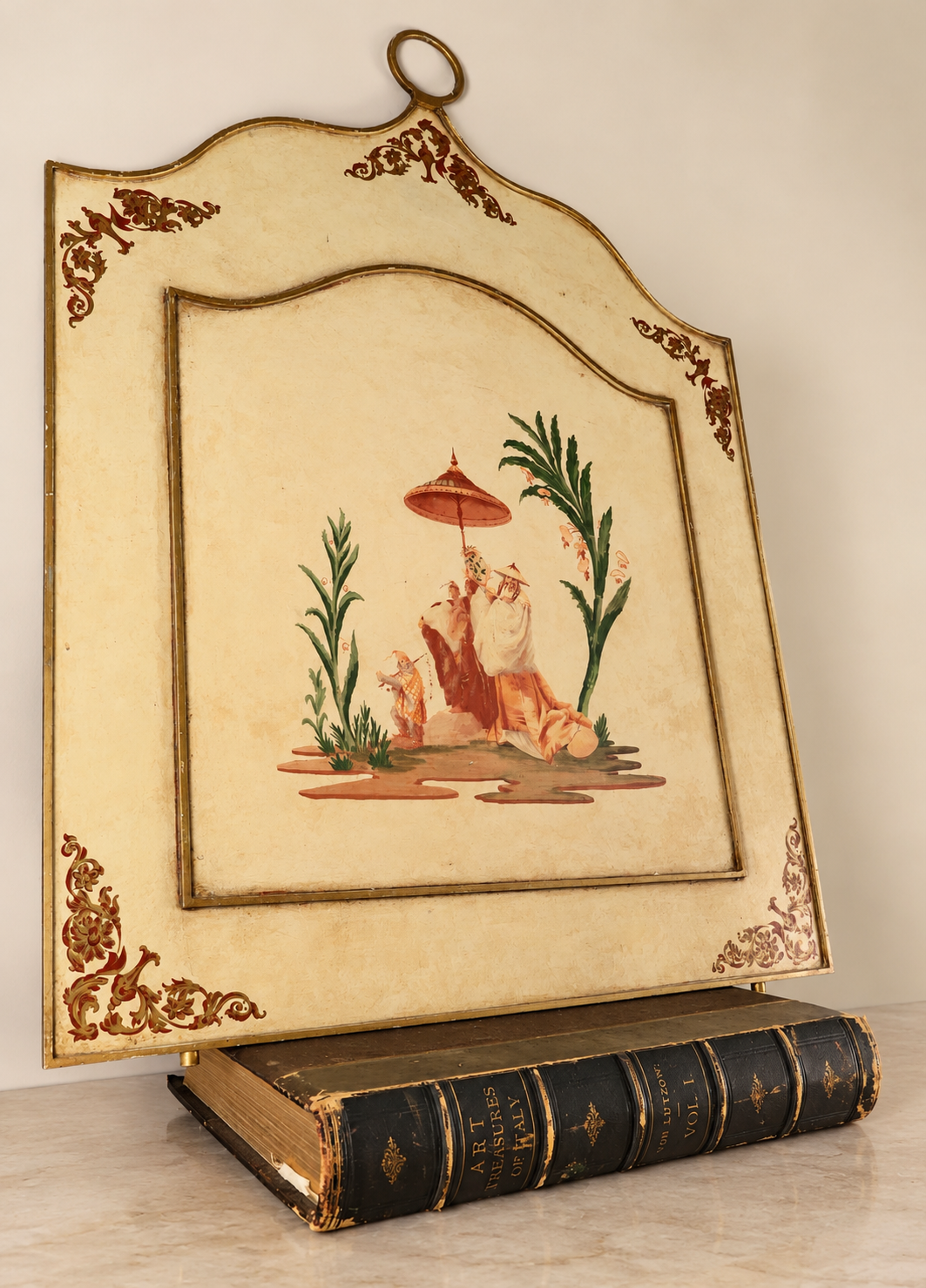 Vintage Italian Hand-Painted Chinoiserie Fireplace Screen with Gilt Detail