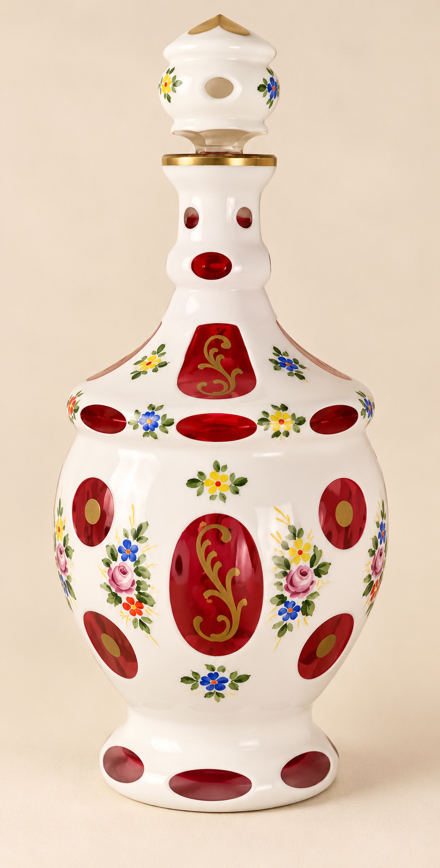 Antique-Style Bohemian White Overlay Glass Decanter & Cordial Set