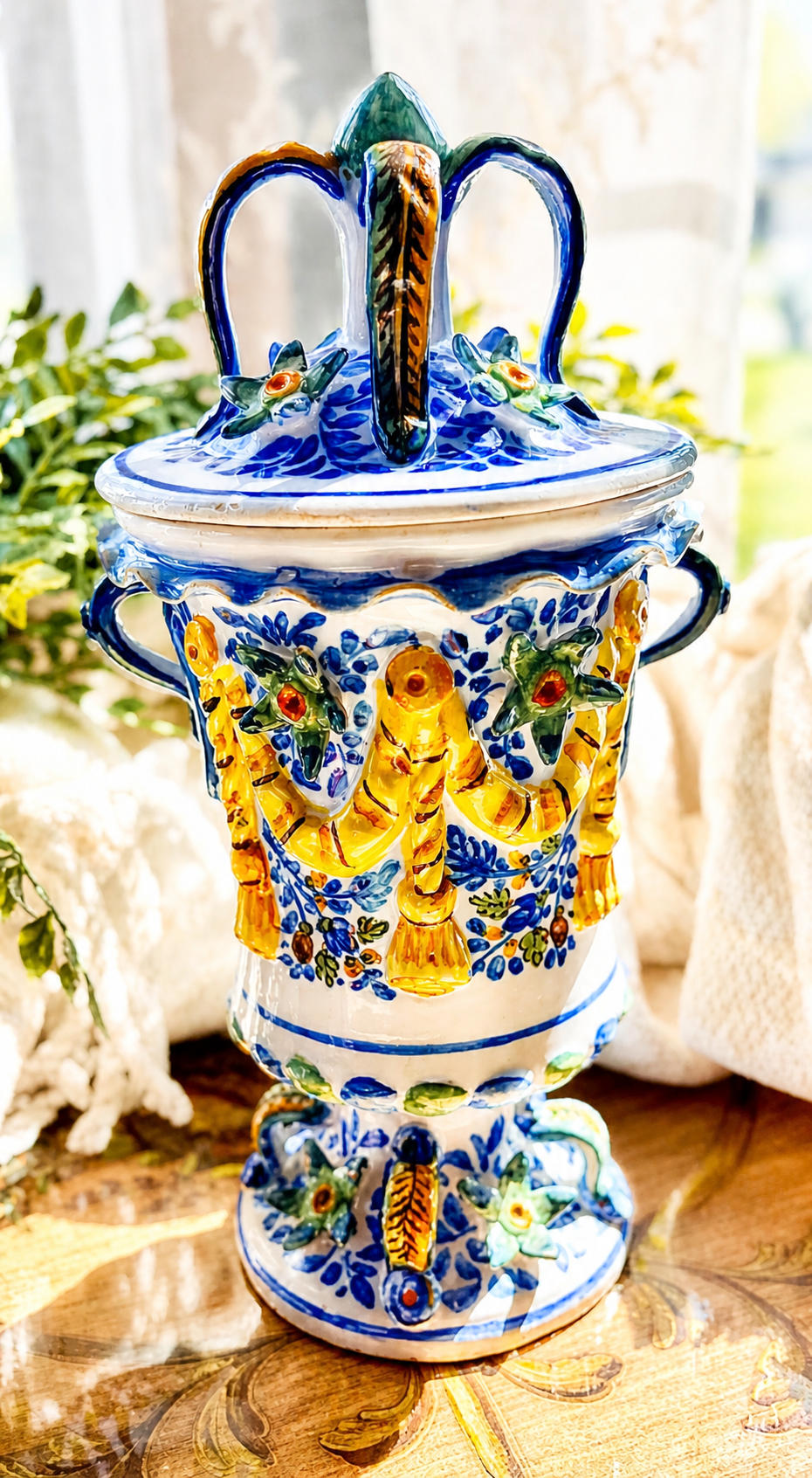 Antique Italian Capodimonte-Style Lidded Ceramic Jar