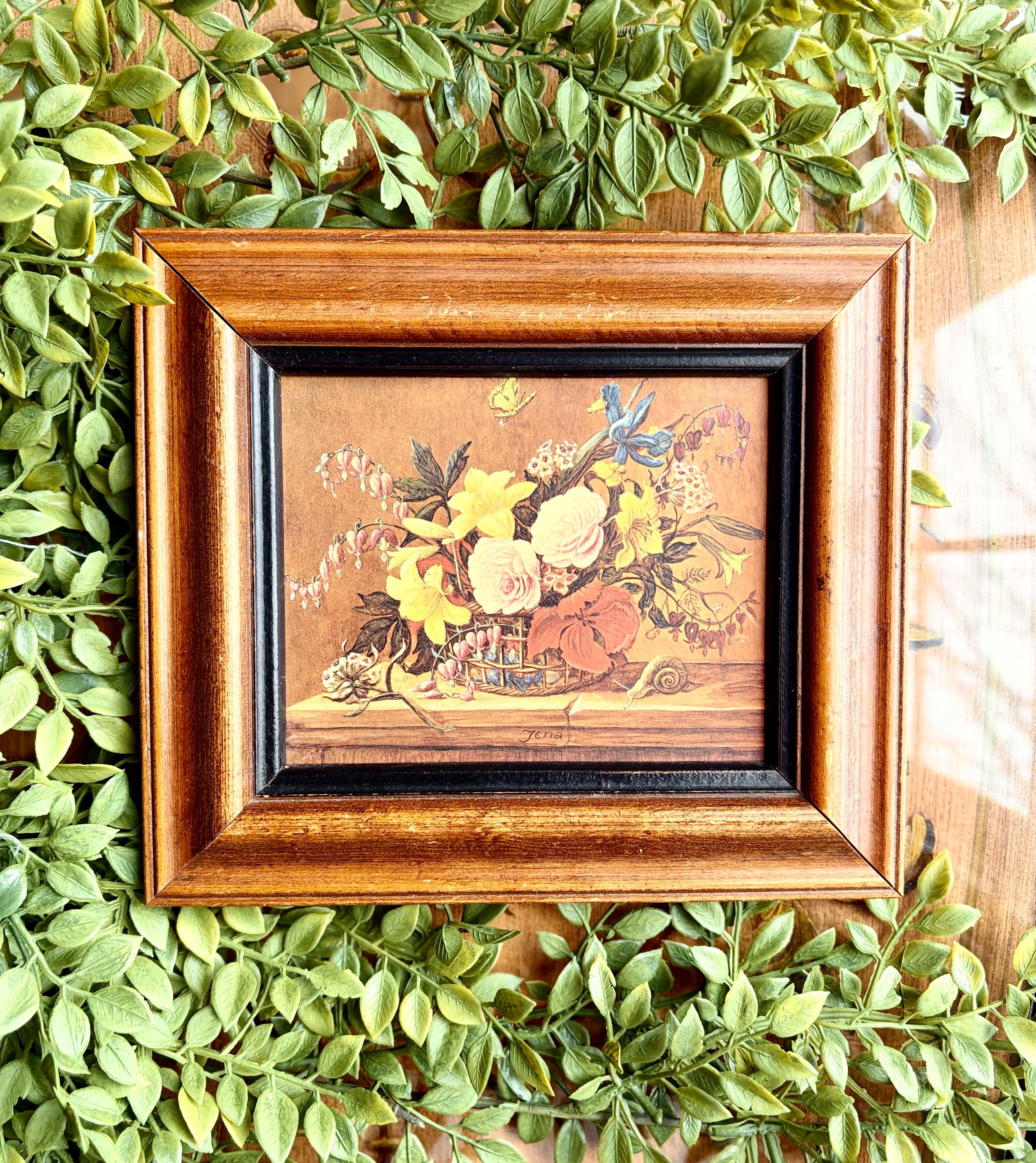 Vintage Pair Signed Framed Floral Still Life Prints