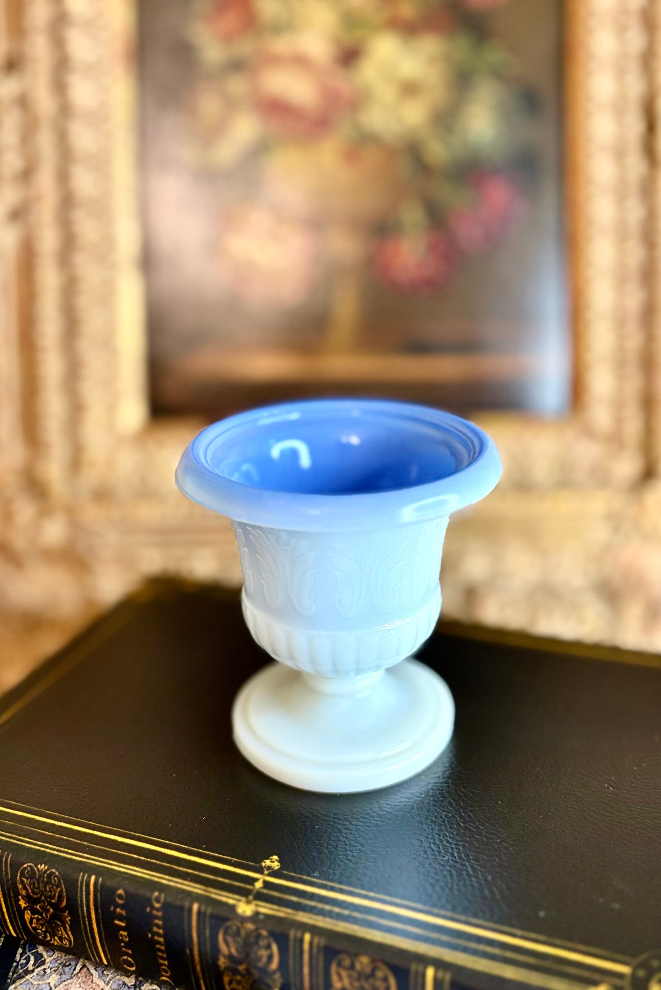 Vintage Blue & White Opaline Pedestal Urn Vase